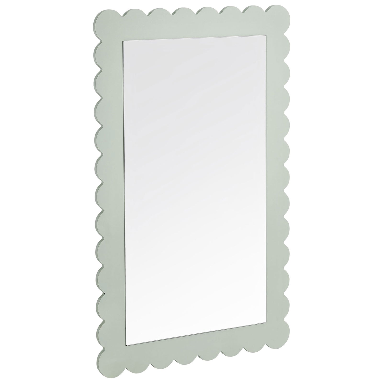Sage green scalloped wall mirror with a soft, wavy rectangular frame || EEI-7116-SGE || front_angle_studio
