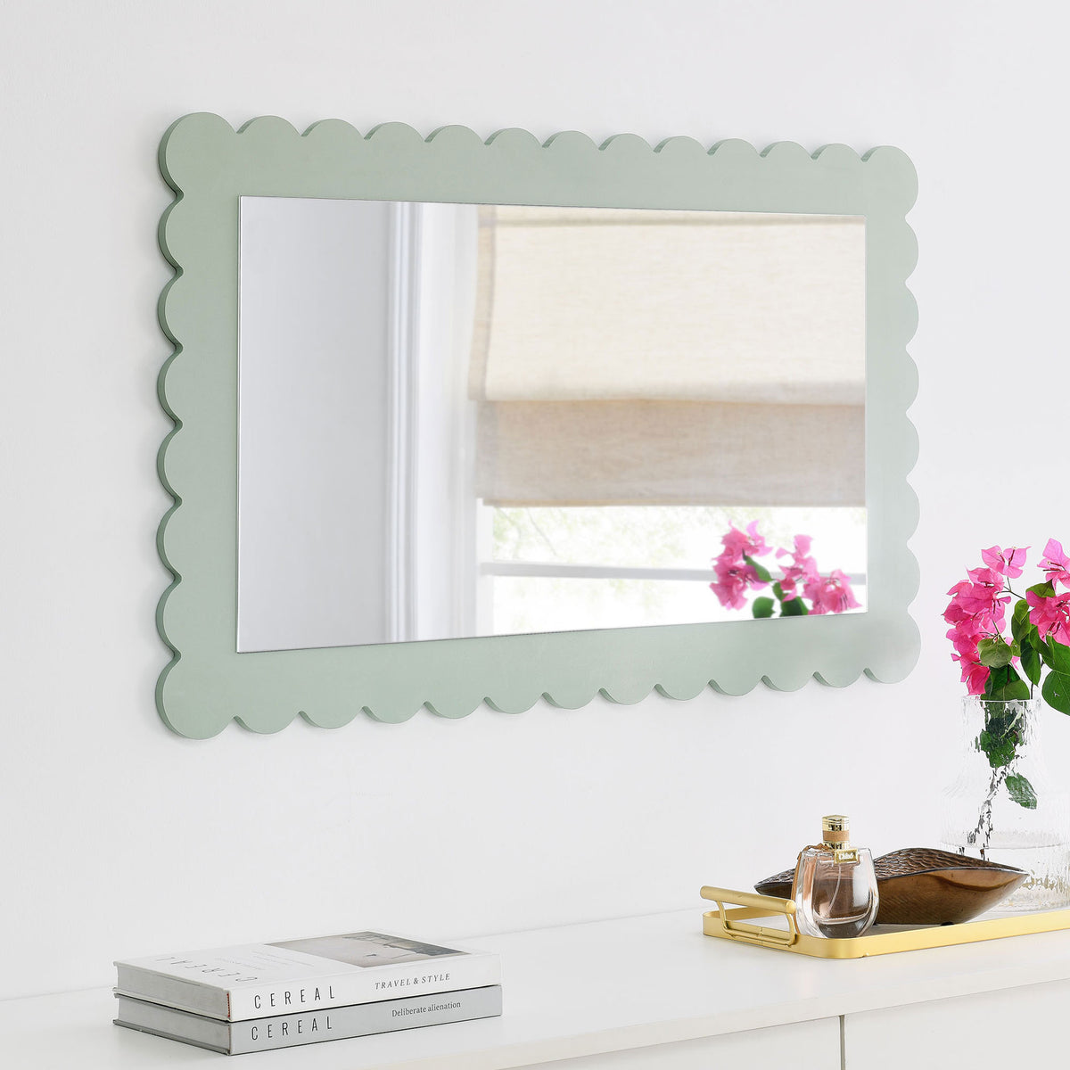 Sage green scalloped mirror hung horizontally for a fresh, modern wall statement || EEI-7116-SGE || front_angle_room