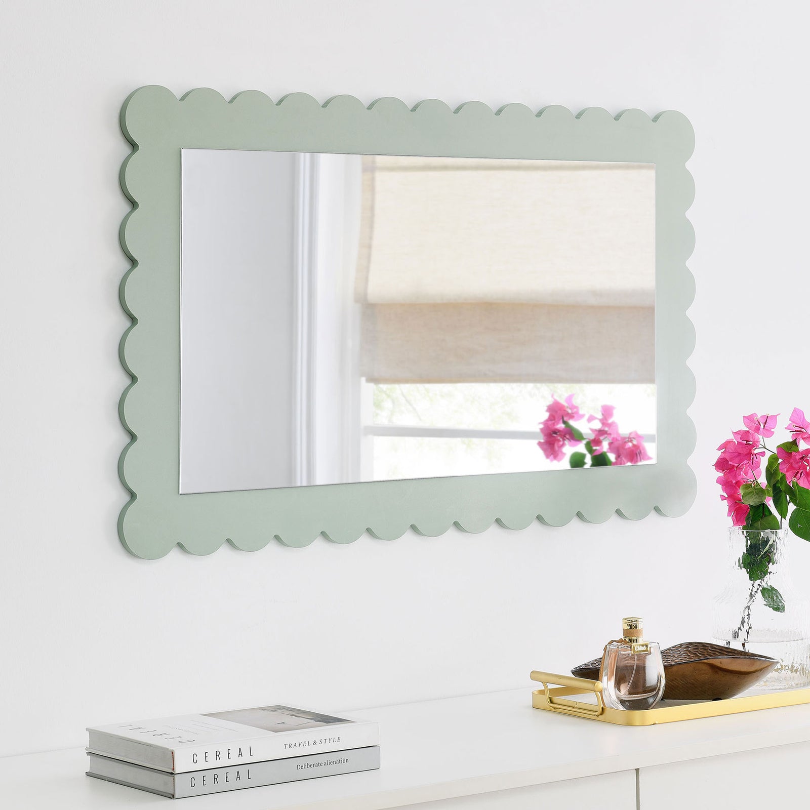 Sage green scalloped mirror hung horizontally for a fresh, modern wall statement || EEI-7116-SGE || front_angle_room