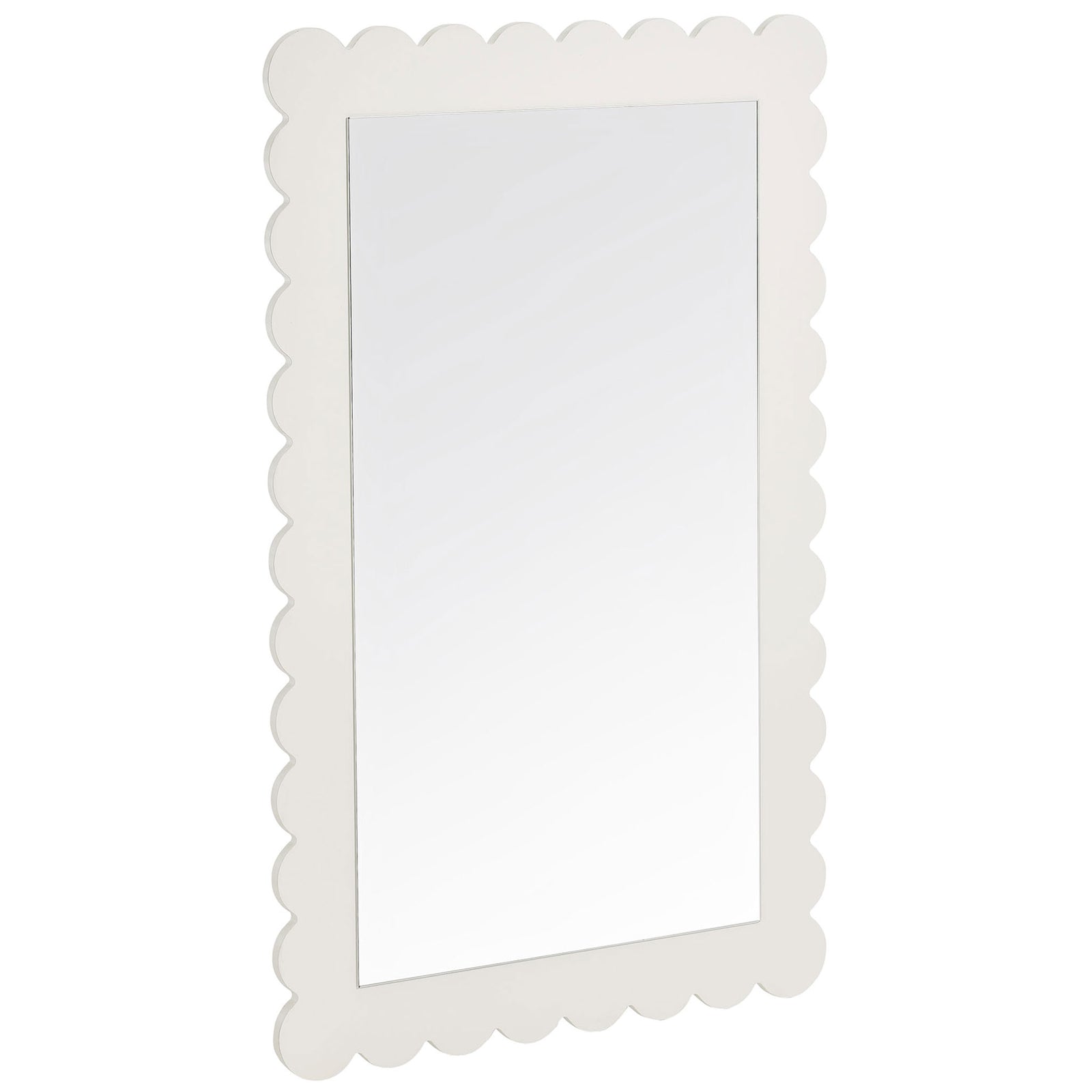 White scalloped wall mirror with a playful wavy rectangular frame || EEI-7116-WHI || front_angle_studio