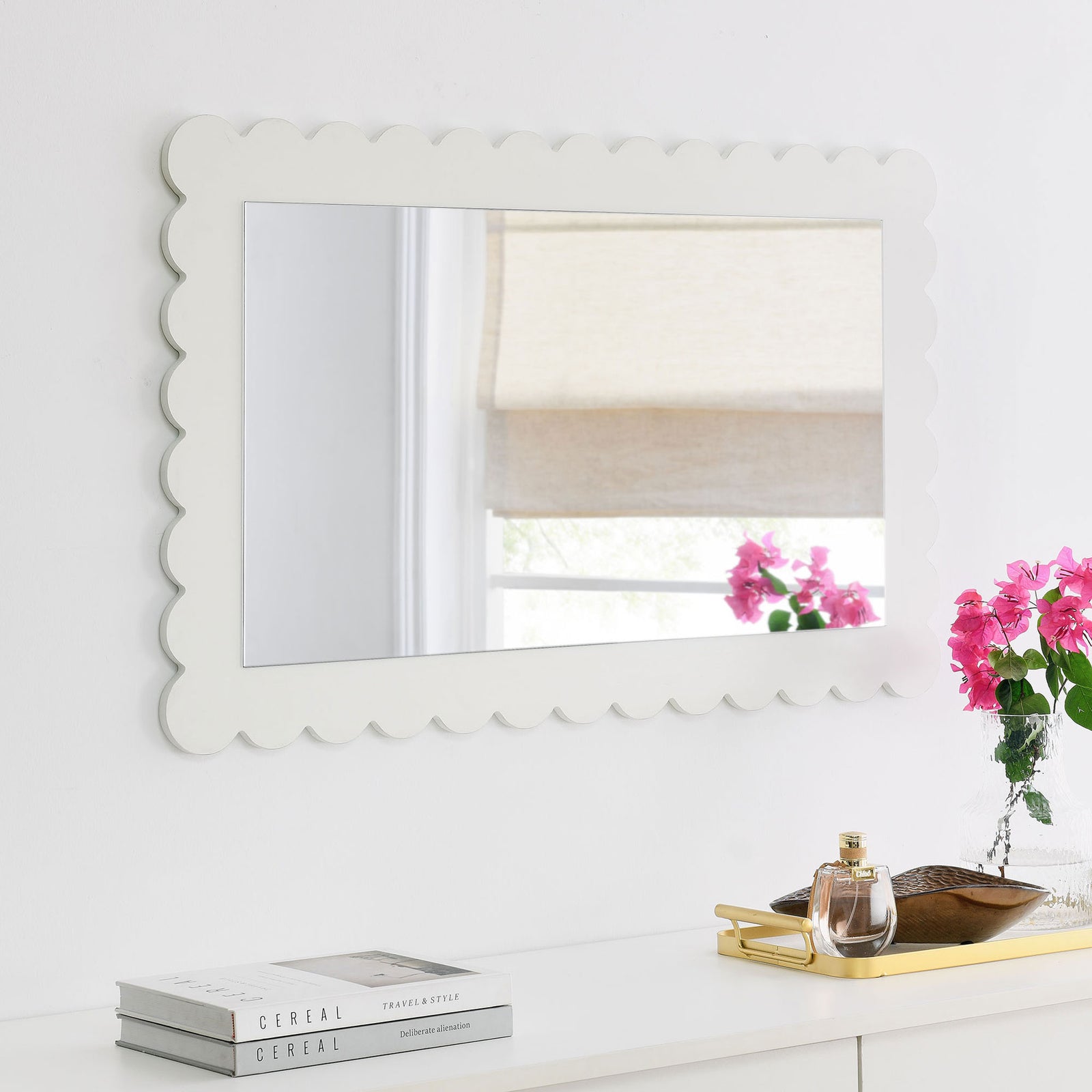 White scalloped mirror hung horizontally for a fresh, modern wall statement || EEI-7116-WHI || front_angle_room