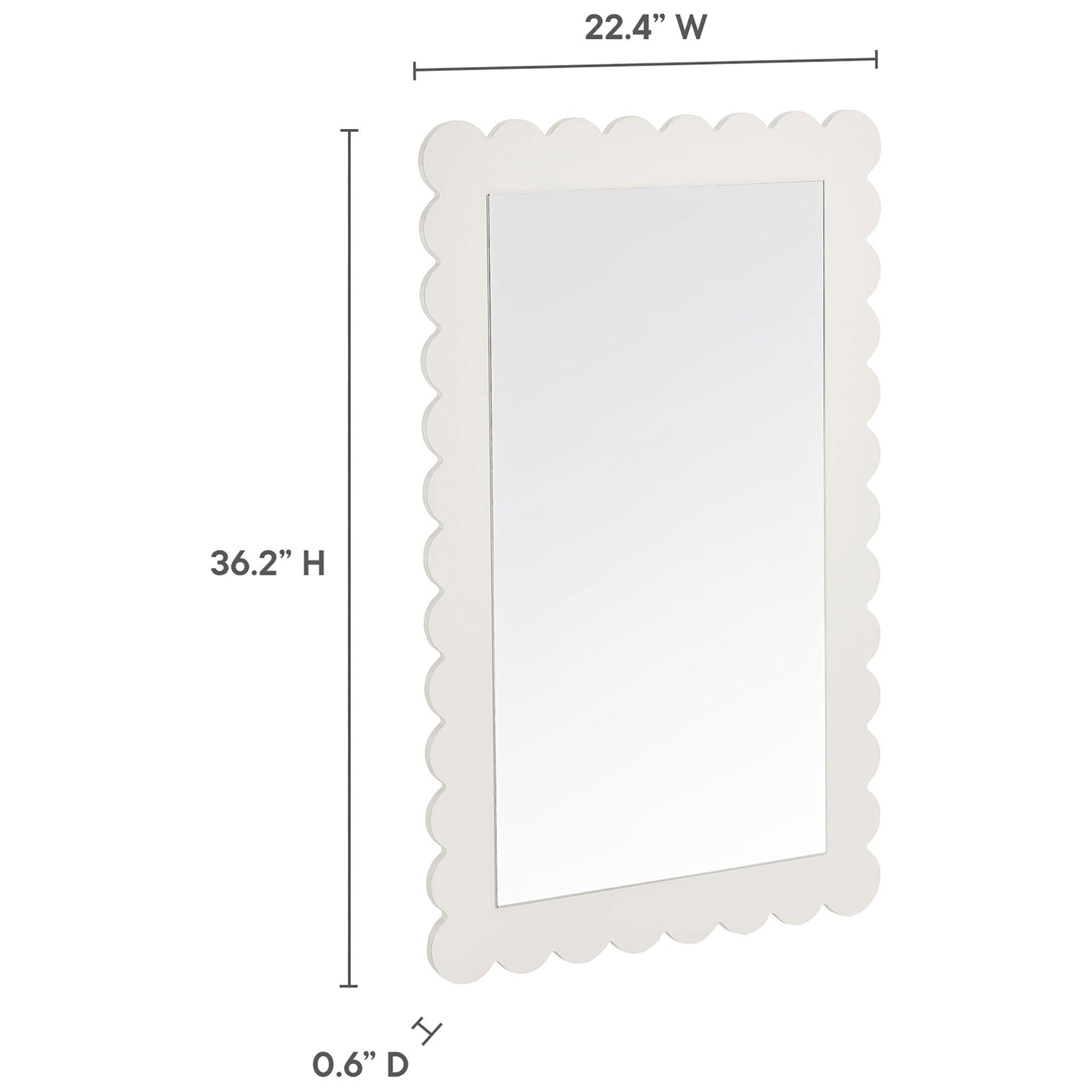 Size guide showing overall dimensions of the white Emmeline scalloped wall mirror || EEI-7116-WHI || dimension_studio