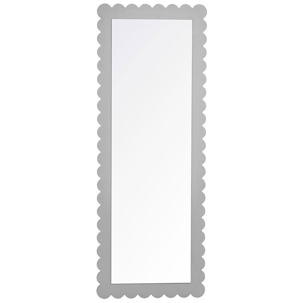 Tall light gray scalloped floor mirror offers a whimsical accent and full outfit reflection || EEI-7117-LGR || front_studio