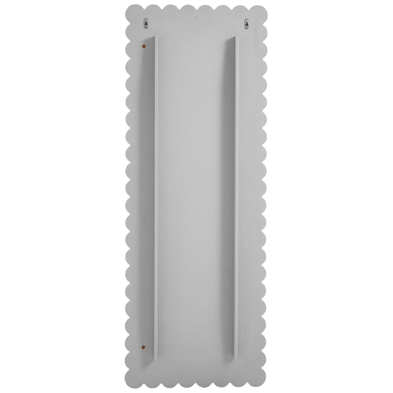 Rear of scalloped floor mirror shows smooth gray panel and keyhole brackets for wall mounting || EEI-7117-LGR || back_studio