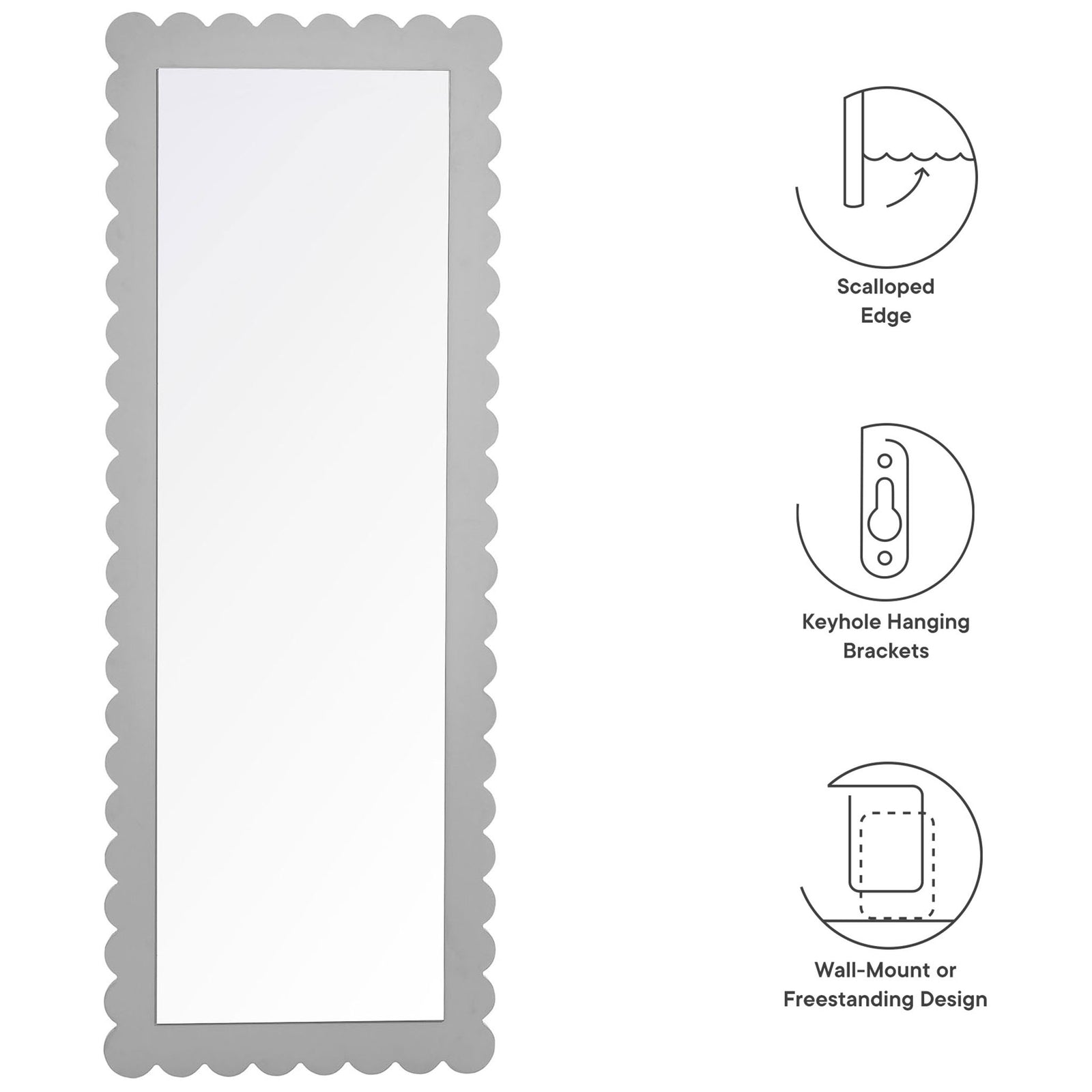 Feature icons for scalloped gray floor mirror show edge design, keyhole brackets, and mounting options || EEI-7117-LGR || callout_studio
