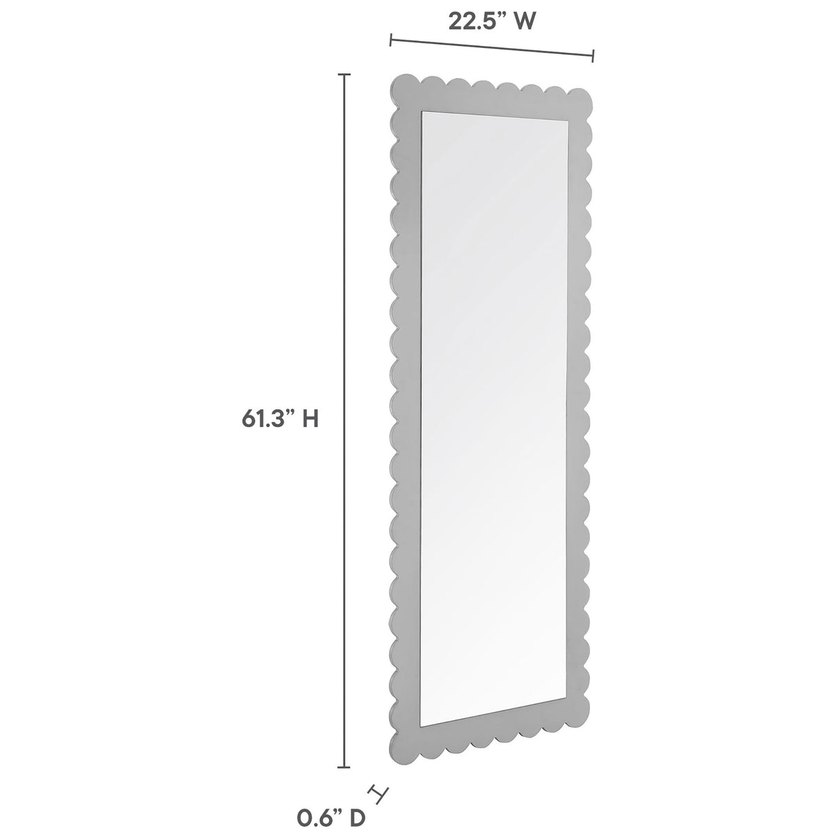 Size diagram of scalloped floor mirror showing overall height, width, and depth measurements || EEI-7117-LGR || dimension_studio