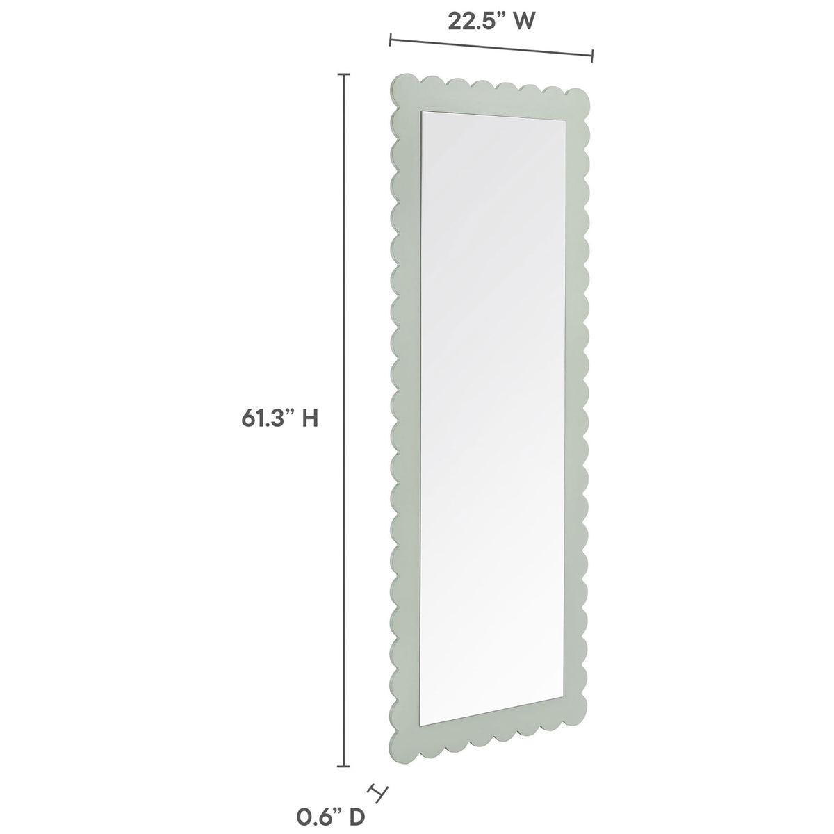 Dimensions of the sage scalloped floor mirror showing slim profile and generous full-length height || EEI-7117-SGE || dimension_studio