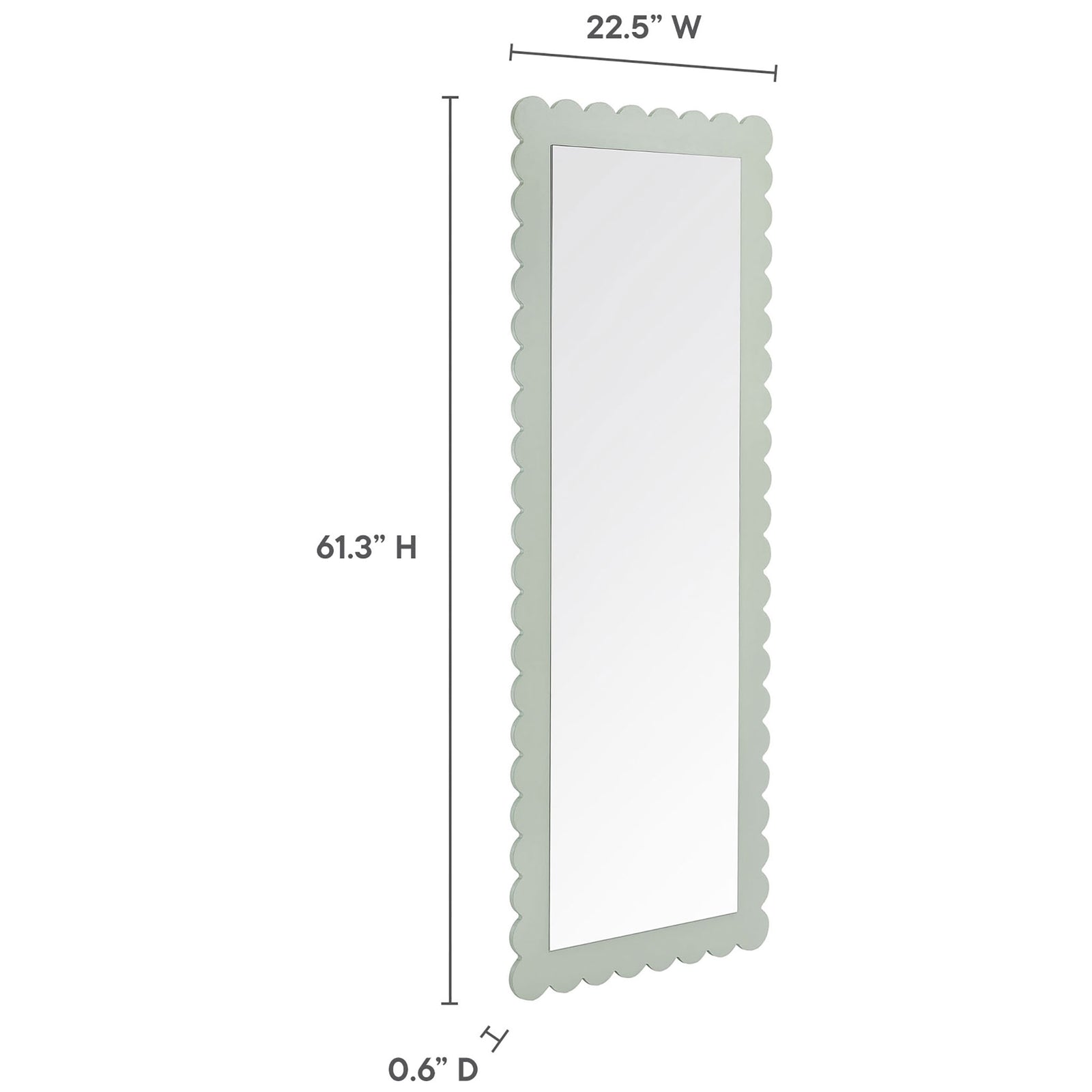 Dimensions of the sage scalloped floor mirror showing slim profile and generous full-length height || EEI-7117-SGE || dimension_studio