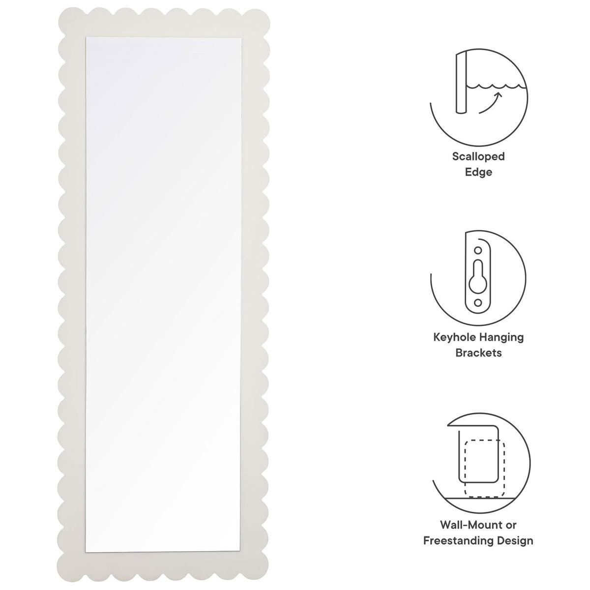 Feature overview of scalloped edge floor mirror with wall-mount and freestanding icons || EEI-7117-WHI || callout_studio