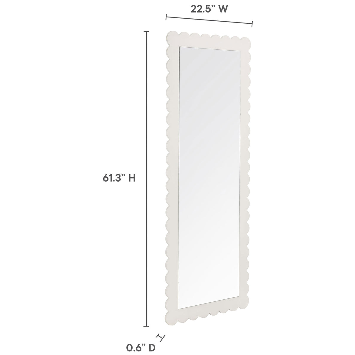 Size diagram of Emmeline scalloped floor mirror with labeled height, width, and depth || EEI-7117-WHI || dimension_studio