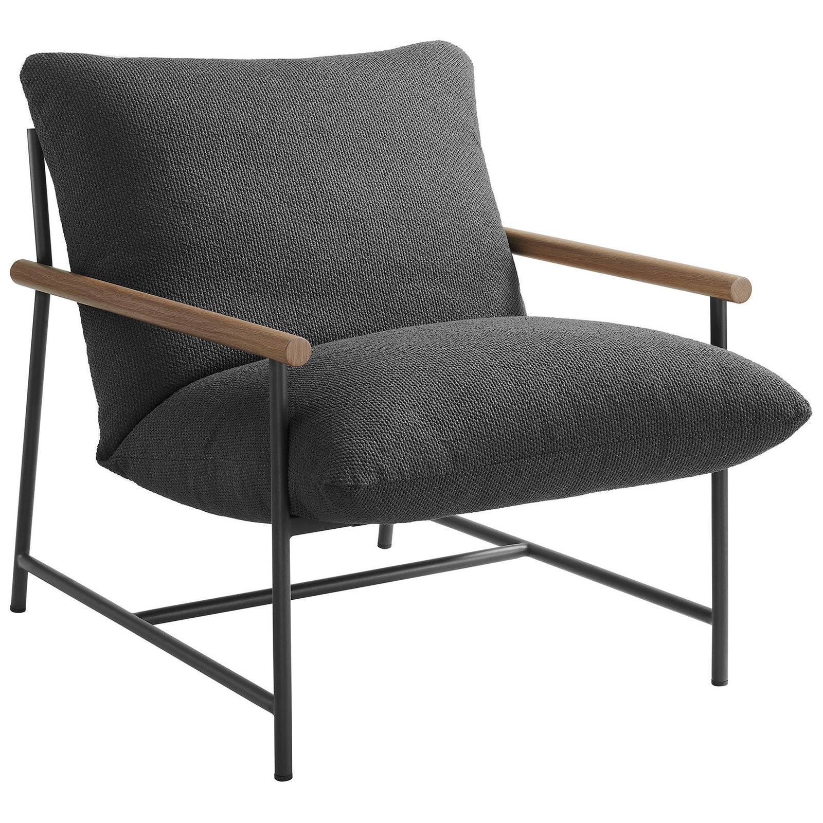 Charcoal boucle outdoor lounge chair with plush cushion, black frame, and warm wood-look arms || EEI-7118-CHA || front_angle_studio