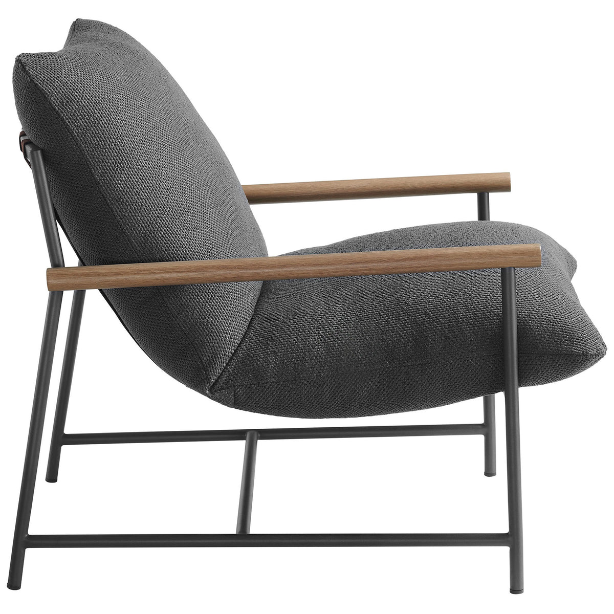 Charcoal boucle lounge chair with deep seat, reclined backrest, and minimalist sled base || EEI-7118-CHA || side_studio