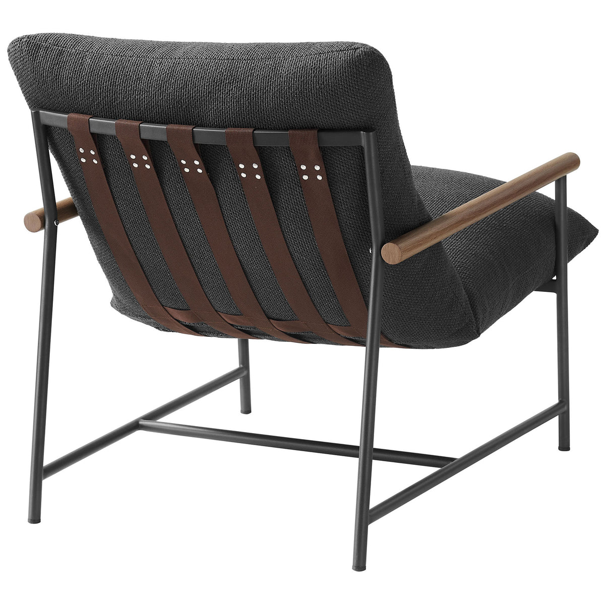 Charcoal lounge chair featuring brown poly sling straps across the back for supportive comfort || EEI-7118-CHA || back_angle_studio