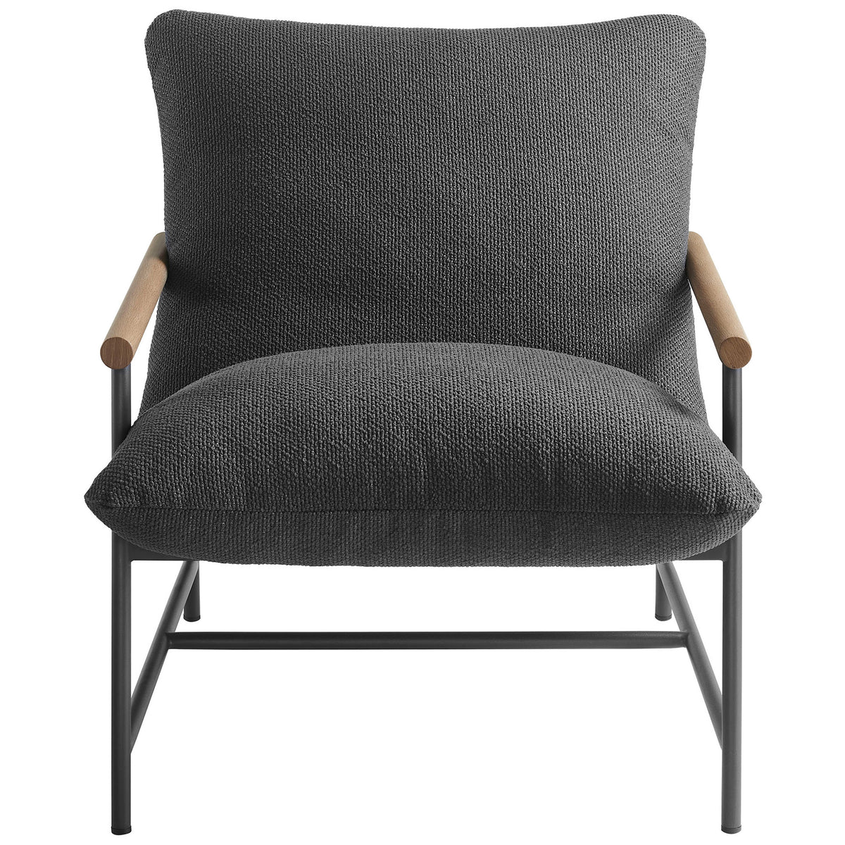 Charcoal boucle sling lounge chair with sculpted seat cushion and full-support back on a slim metal frame || EEI-7118-CHA || front_studio