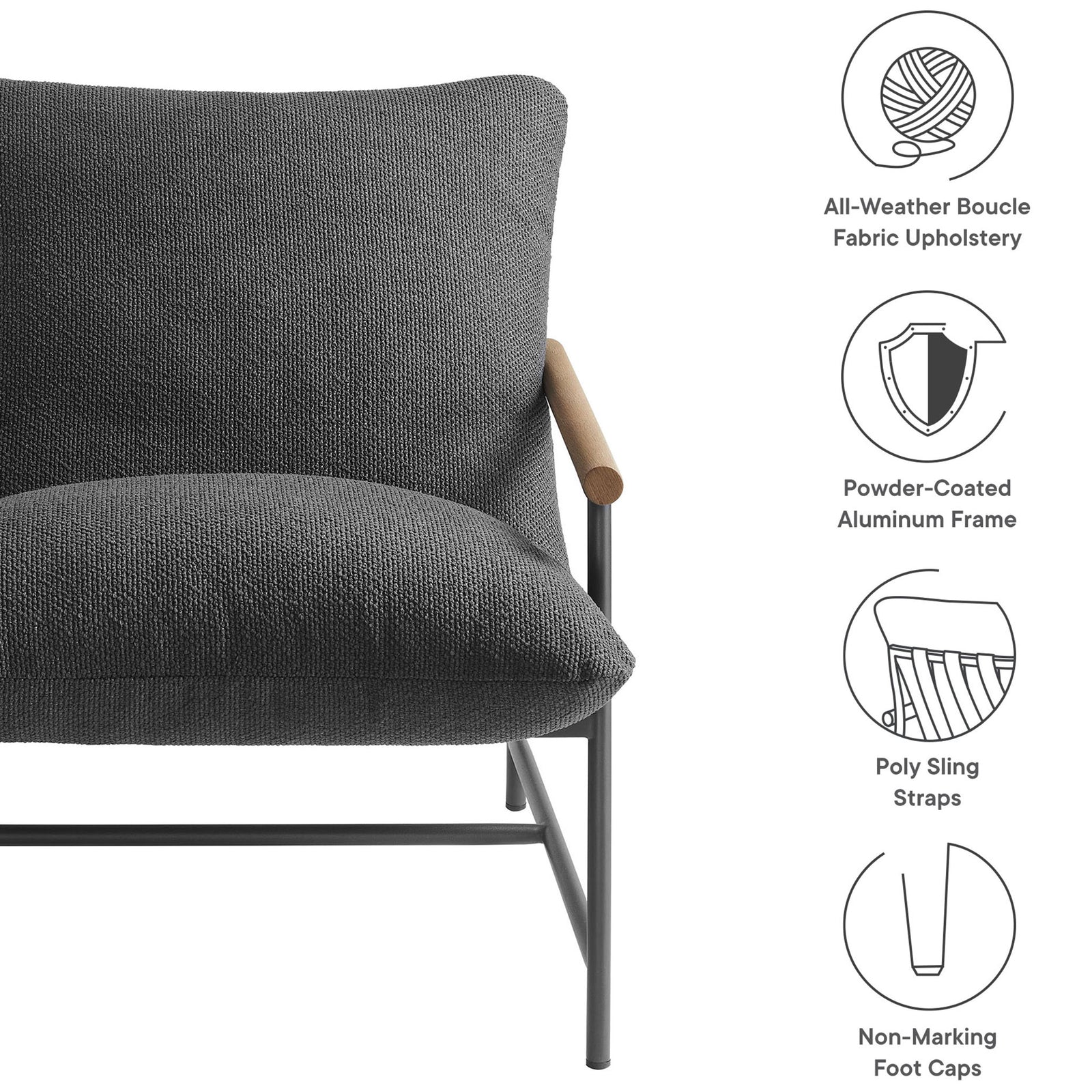 Feature callouts for boucle fabric upholstery, aluminum frame, sling straps, and non-marking foot caps in charcoal || EEI-7118-CHA || callout_studio