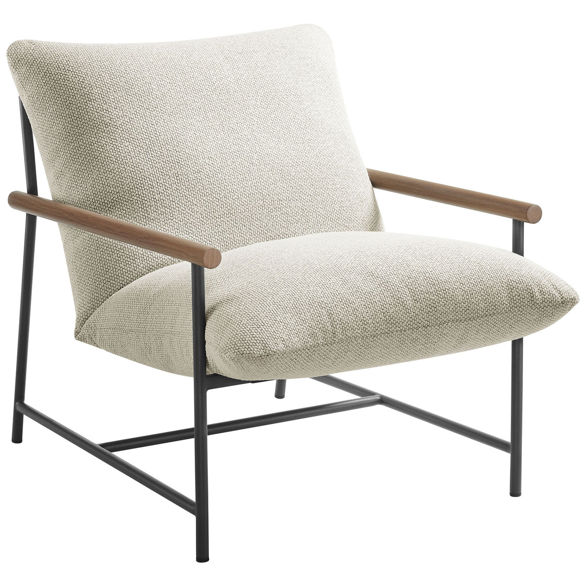 Ivory boucle outdoor lounge chair with plush cushion, black frame, and warm wood-look arms || EEI-7118-IVO || front_angle_studio
