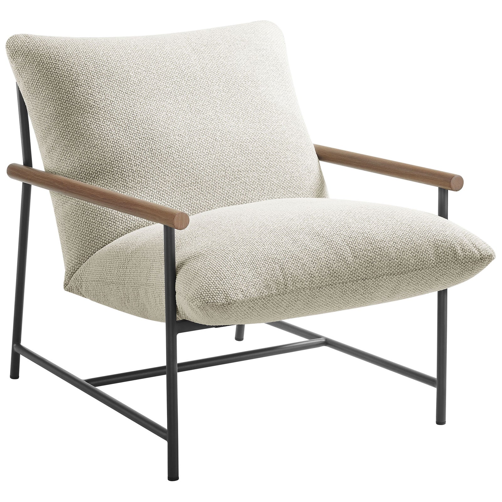 Ivory boucle outdoor lounge chair with plush cushion, black frame, and warm wood-look arms || EEI-7118-IVO || front_angle_studio