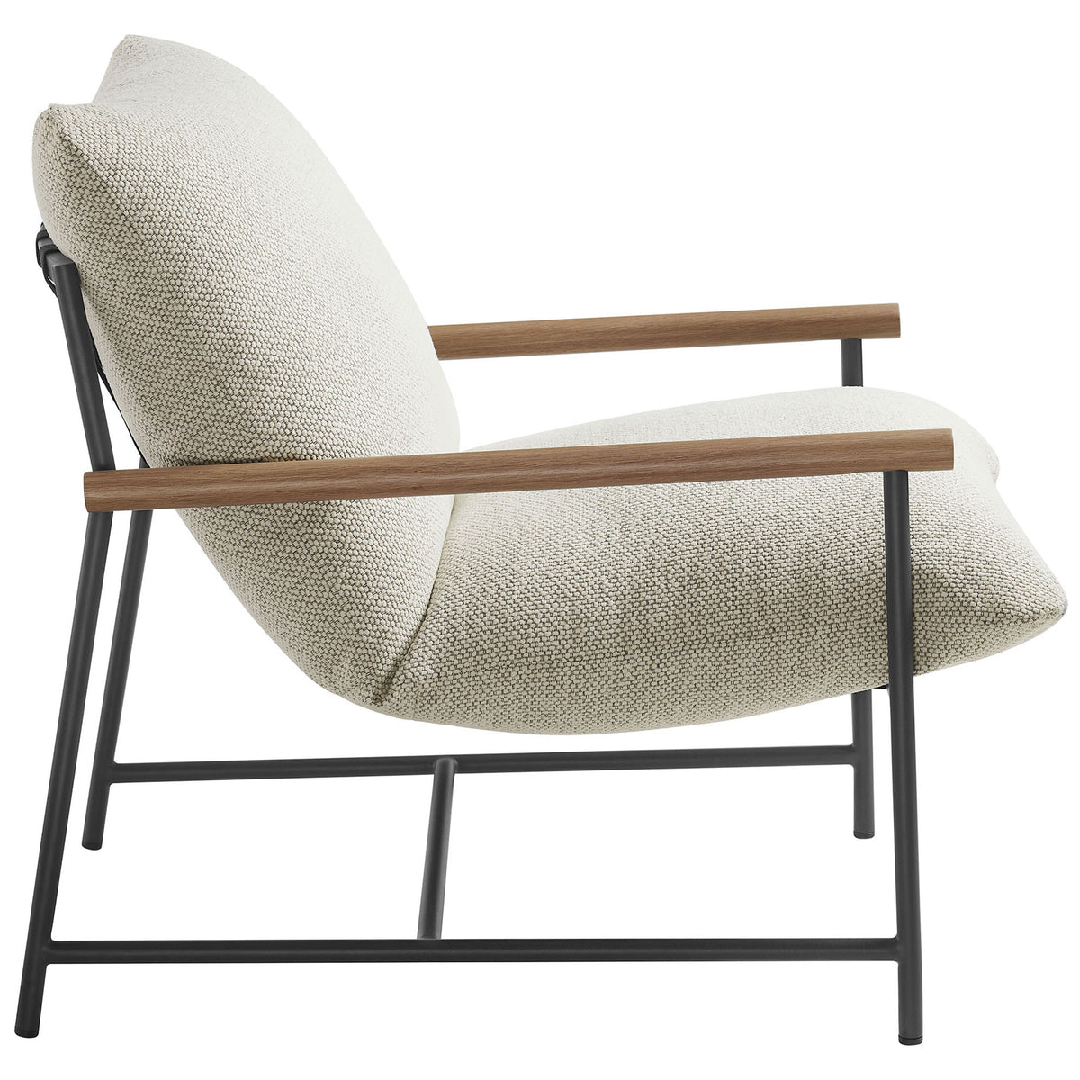 Ivory boucle lounge chair with deep seat, reclined backrest, and minimalist sled base || EEI-7118-IVO || side_studio