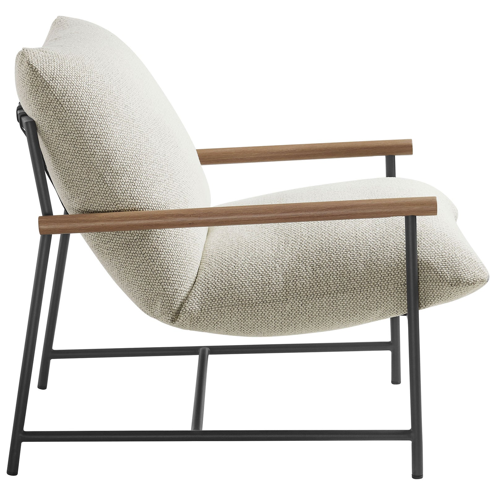 Ivory boucle lounge chair with deep seat, reclined backrest, and minimalist sled base || EEI-7118-IVO || side_studio