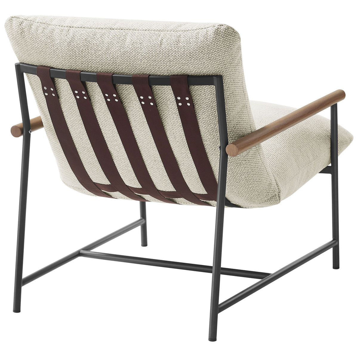 Ivory lounge chair featuring brown poly sling straps across the back for supportive comfort || EEI-7118-IVO || back_angle_studio