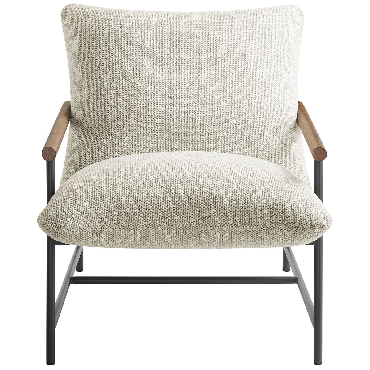 Ivory boucle sling lounge chair with sculpted seat cushion and full-support back on a slim metal frame || EEI-7118-IVO || front_studio
