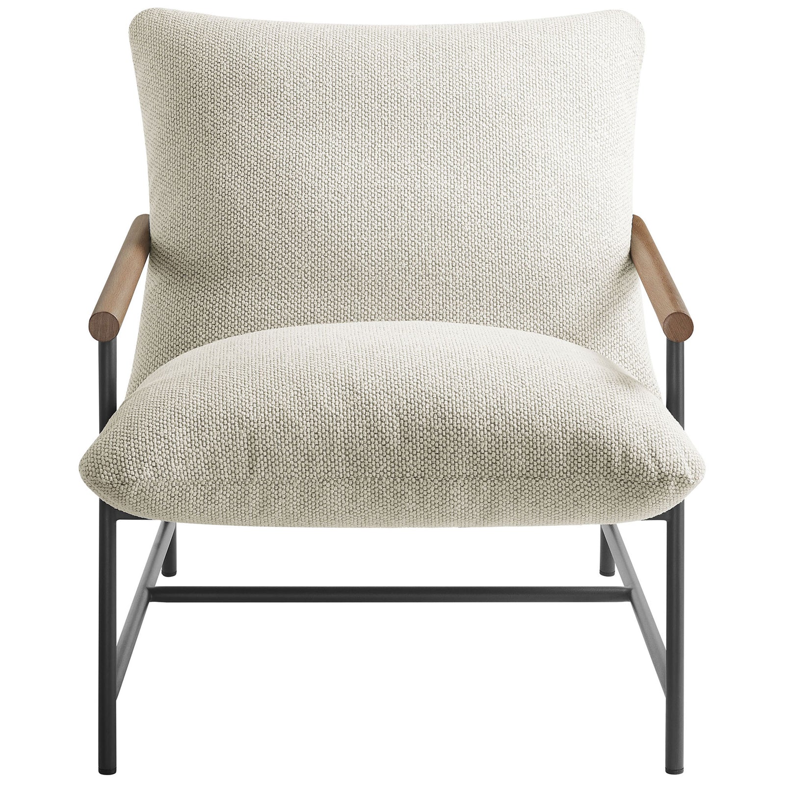 Ivory boucle sling lounge chair with sculpted seat cushion and full-support back on a slim metal frame || EEI-7118-IVO || front_studio