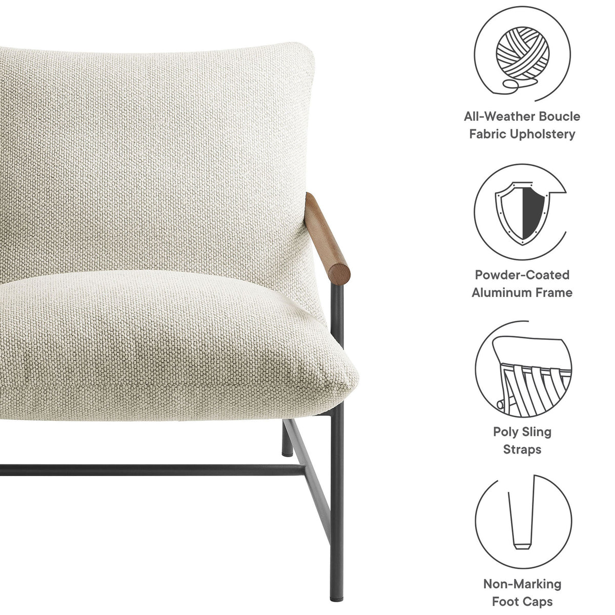 Feature callouts for boucle fabric upholstery, aluminum frame, sling straps, and non-marking foot caps in ivory || EEI-7118-IVO || callout_studio