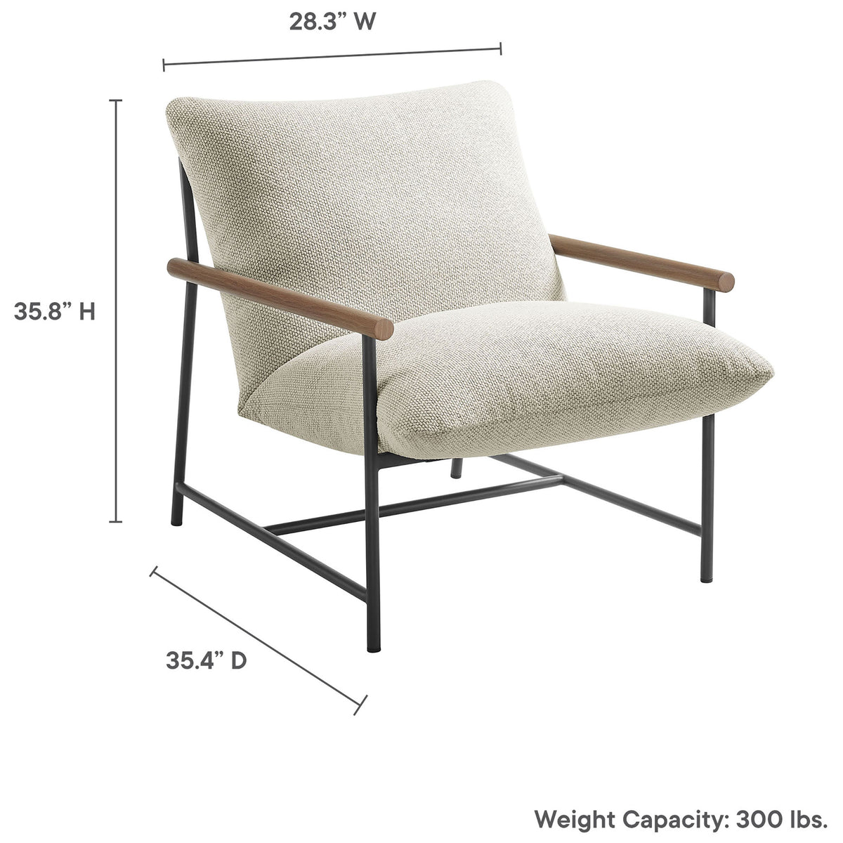 Dimensions for the ivory boucle lounge chair showing width, depth, height, and 300 lb weight capacity || EEI-7118-IVO || dimension_studio