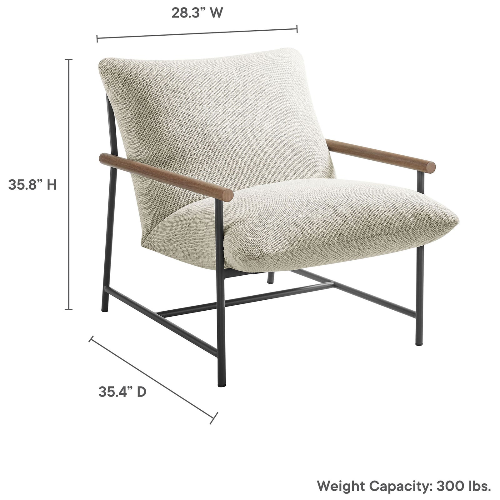 Dimensions for the ivory boucle lounge chair showing width, depth, height, and 300 lb weight capacity || EEI-7118-IVO || dimension_studio