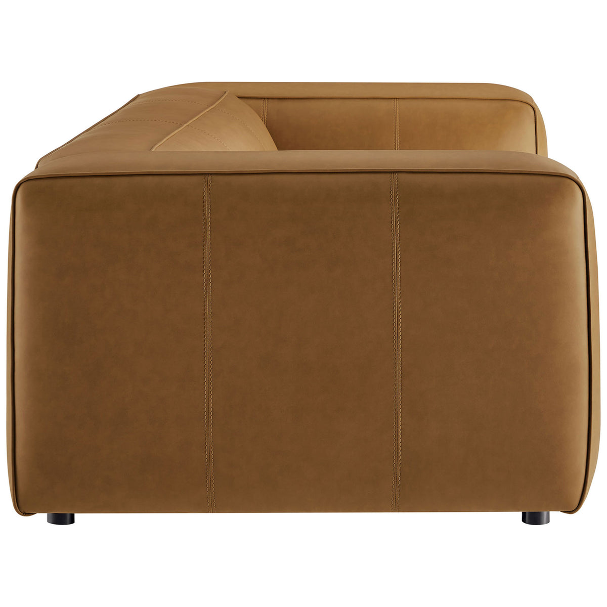 Chunky arm and low back silhouette of the camel vegan leather Auren sofa || EEI-7119-CAM || side_studio