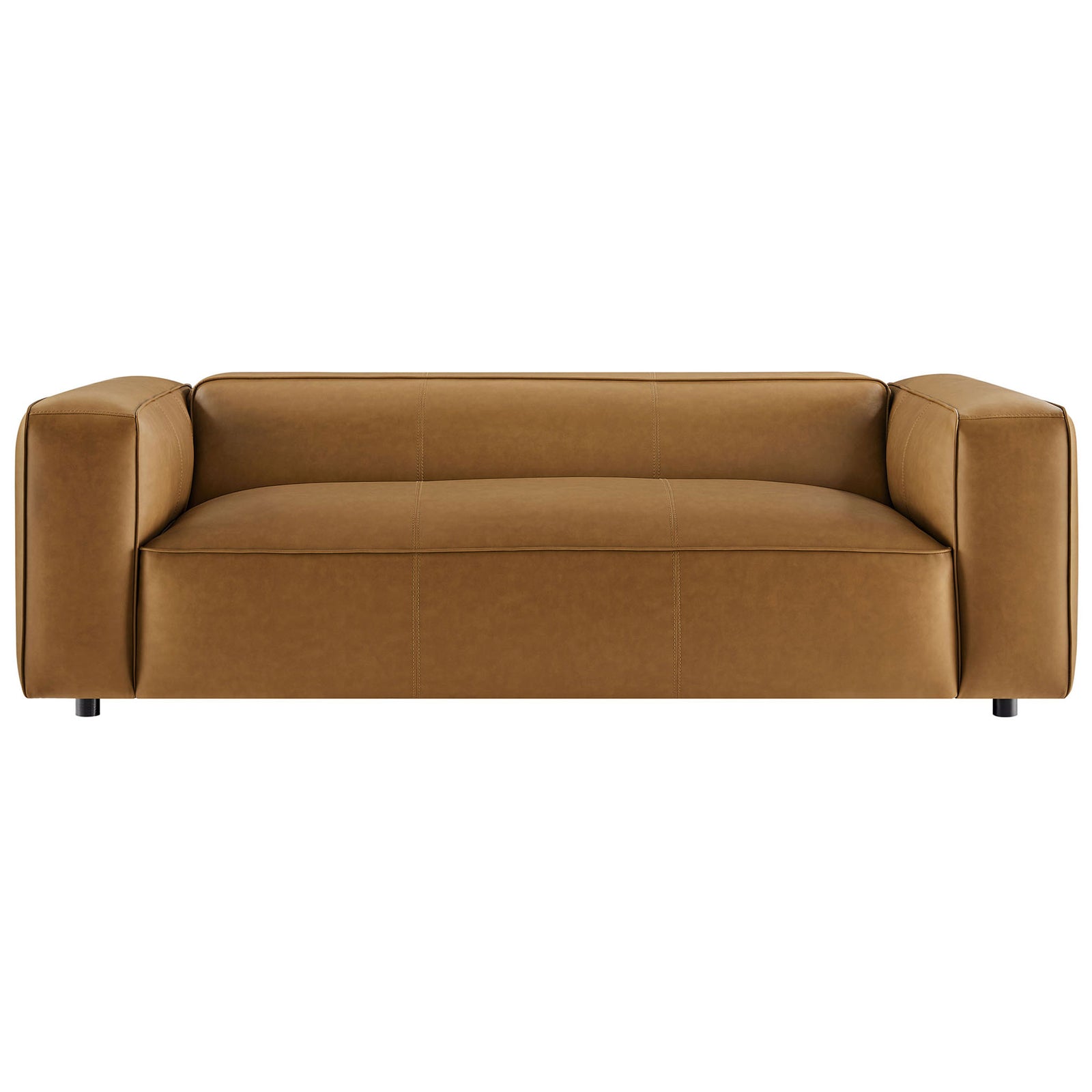 Modern camel vegan leather sofa with deep bench seat and generously wide arms || EEI-7119-CAM || front_studio