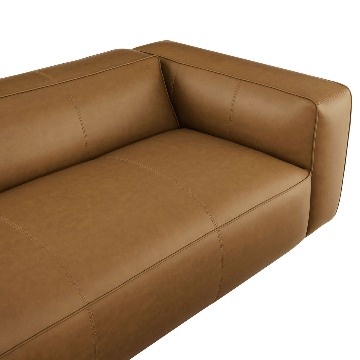 Close-up of deep seat cushion and wide track arm in camel vegan leather upholstery || EEI-7119-CAM || detail_studio