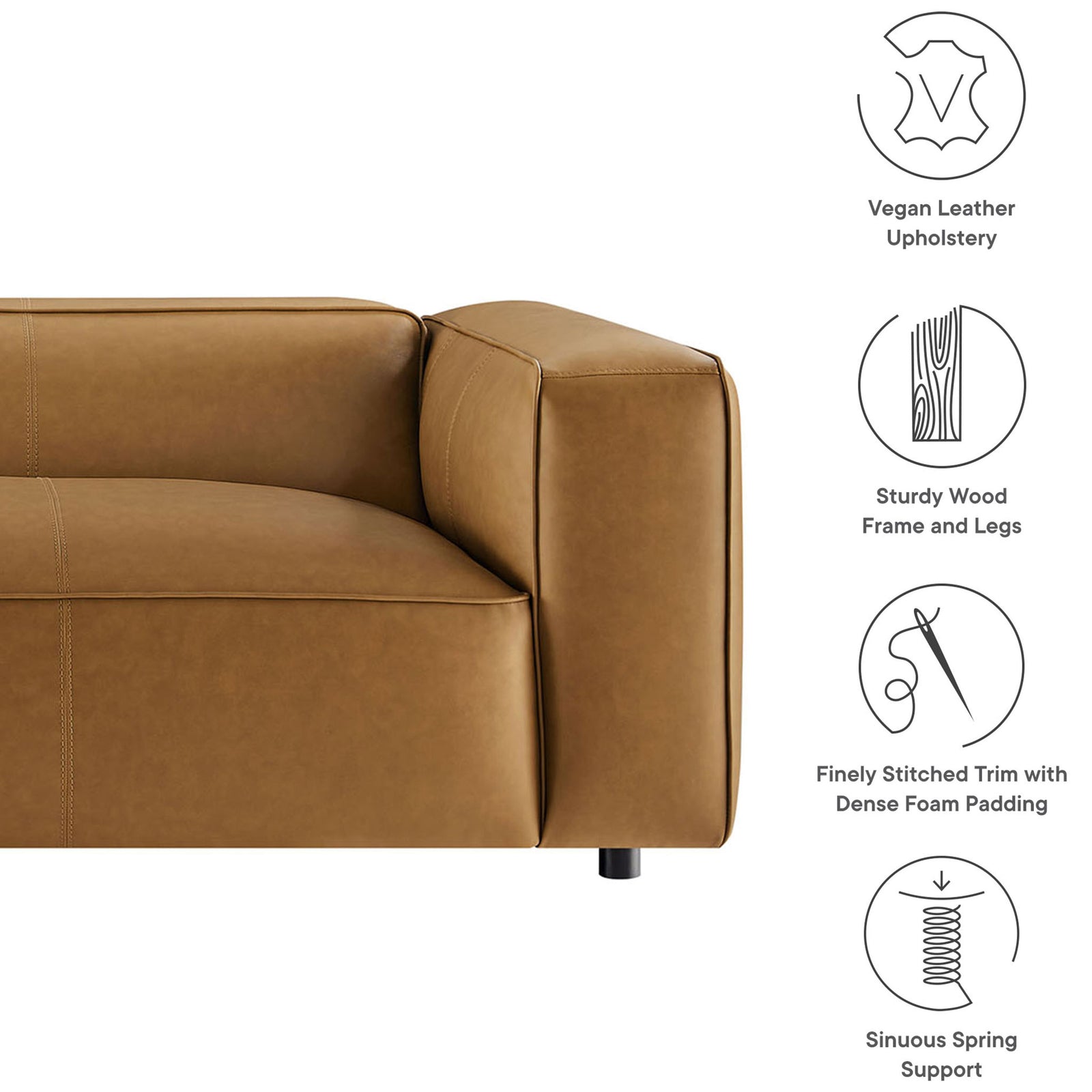 Feature graphic highlighting vegan leather, wood frame, dense foam, and sinuous spring support || EEI-7119-CAM || callout_studio