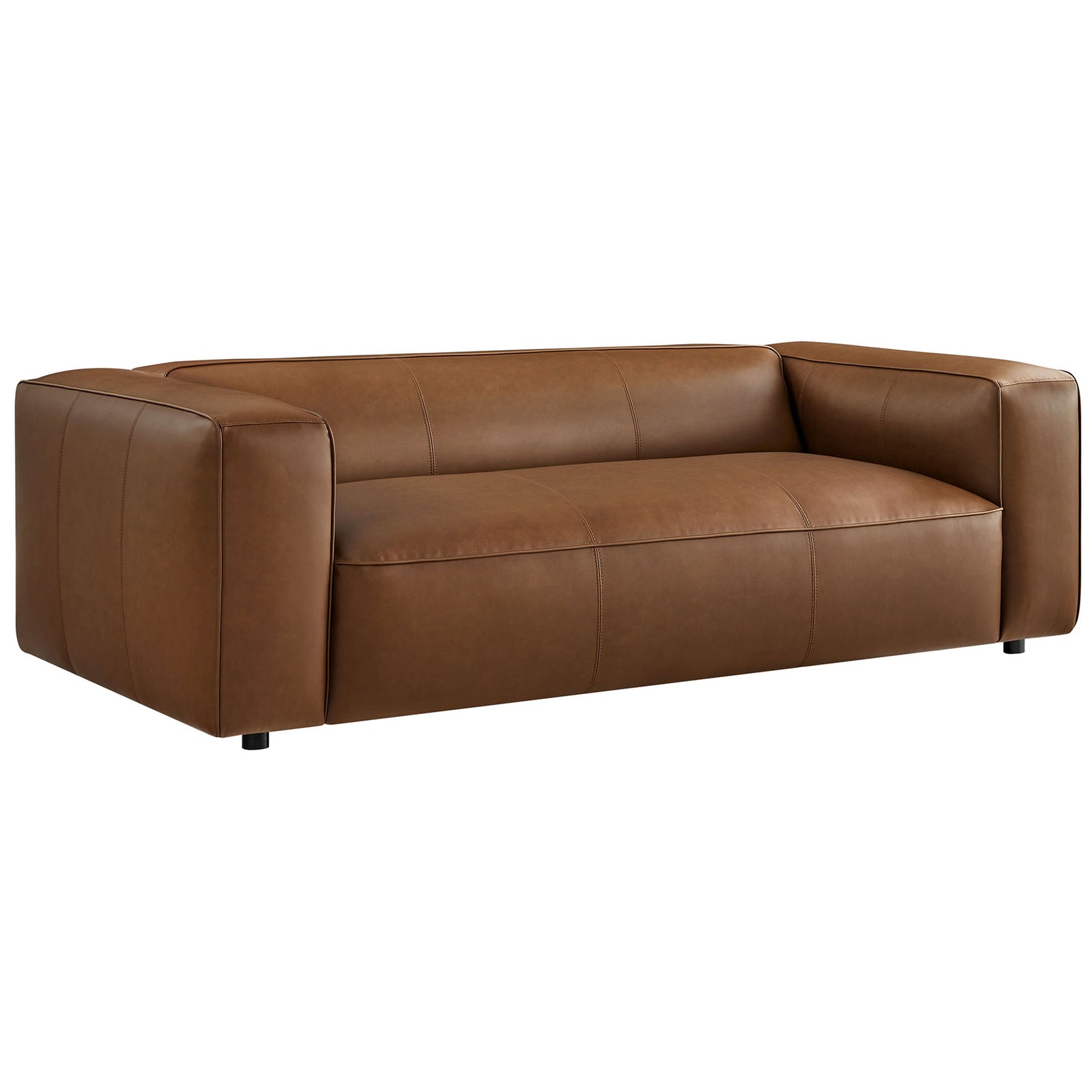 Coffee vegan leather sofa with deep bench seat and wide arms for relaxed modern lounging || EEI-7119-COF || front_angle_studio
