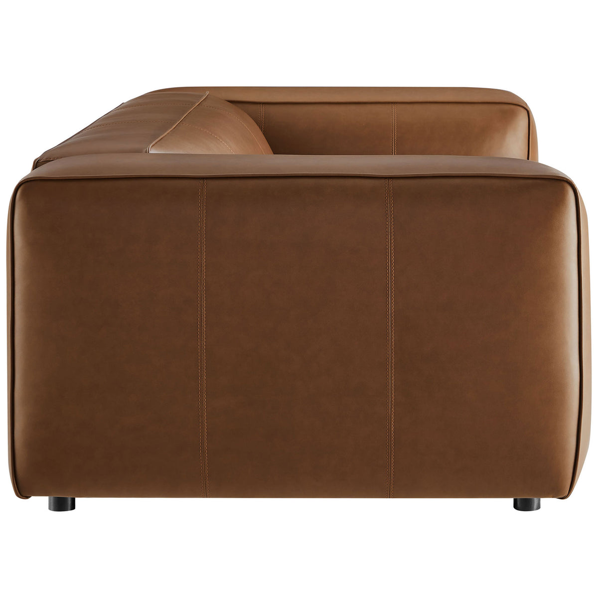 Padded block-style arm and low backrest on a plush coffee vegan leather three seat sofa || EEI-7119-COF || side_studio