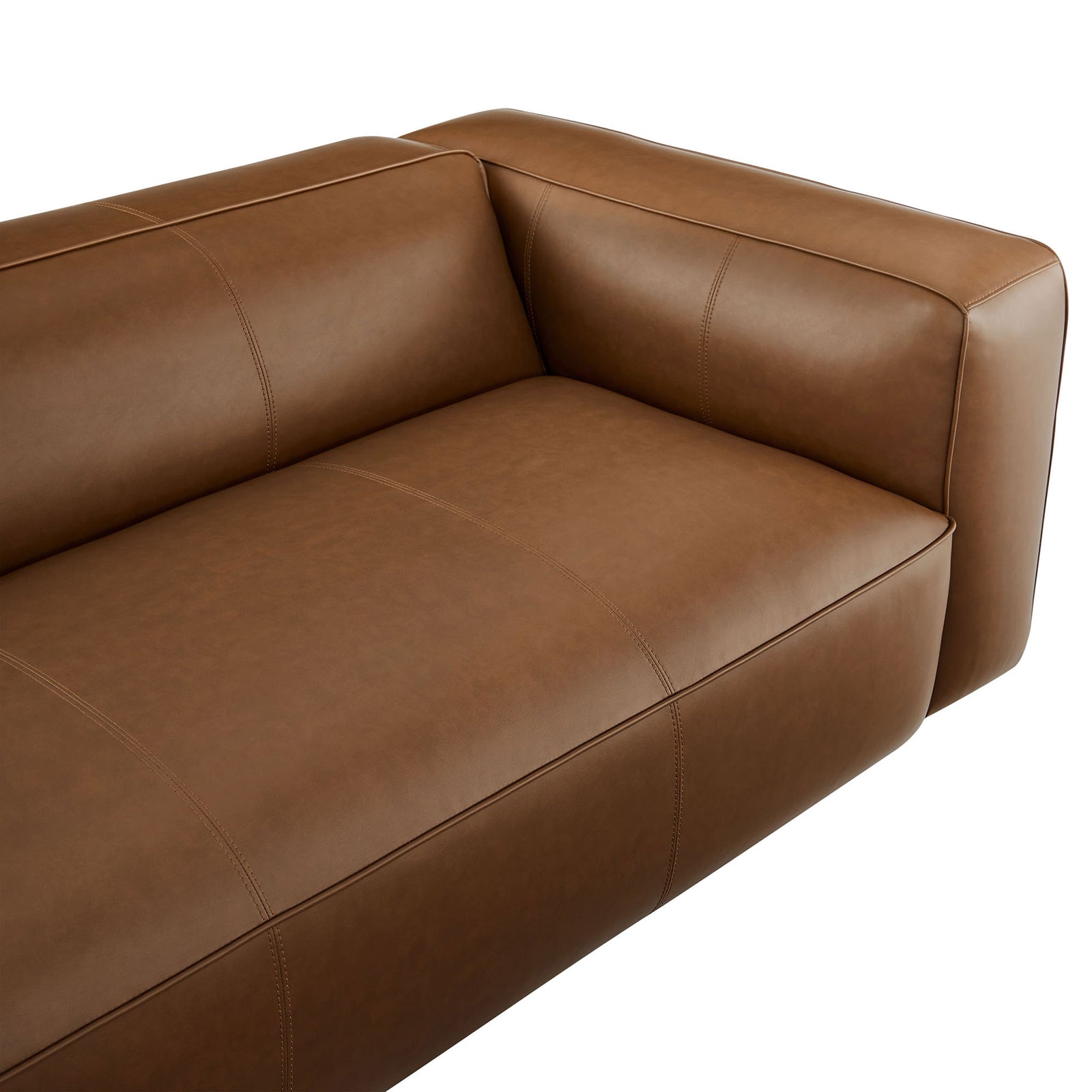 Smooth vegan leather upholstery with neat top stitching and softly rounded arm cushioning || EEI-7119-COF || detail_studio