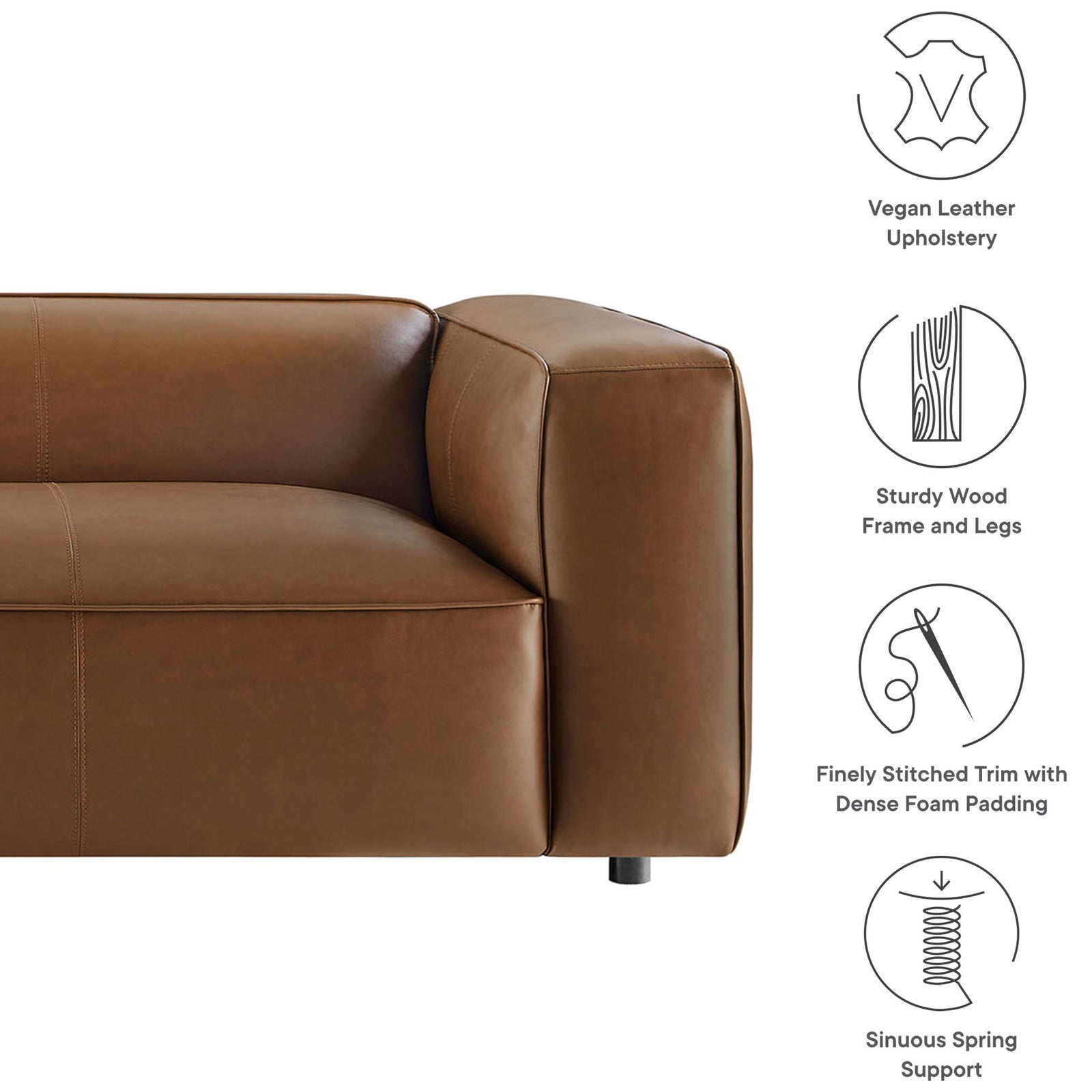Coffee vegan leather sofa highlighting sturdy wood frame, dense foam padding, stitched trim, and spring support || EEI-7119-COF || callout_studio