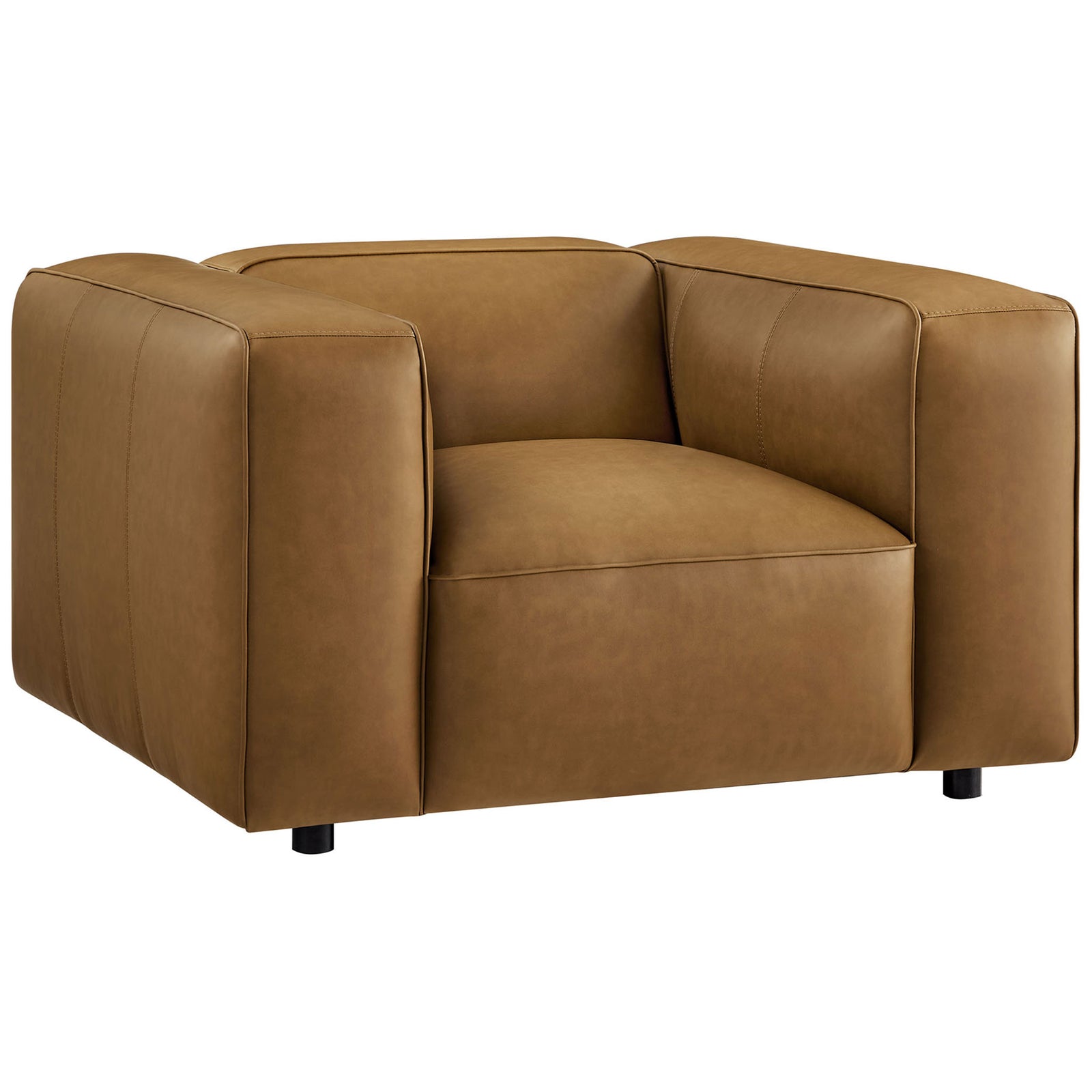 Modern camel vegan leather armchair with tailored stitching and a low profile || EEI-7120-CAM || front_angle_studio