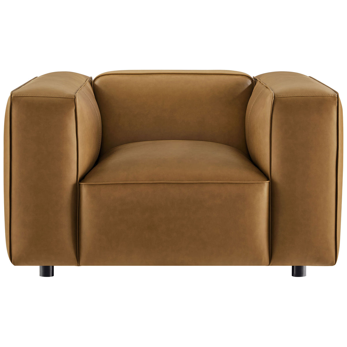 Plush camel vegan leather armchair with wide arms and deep, inviting seat || EEI-7120-CAM || front_studio