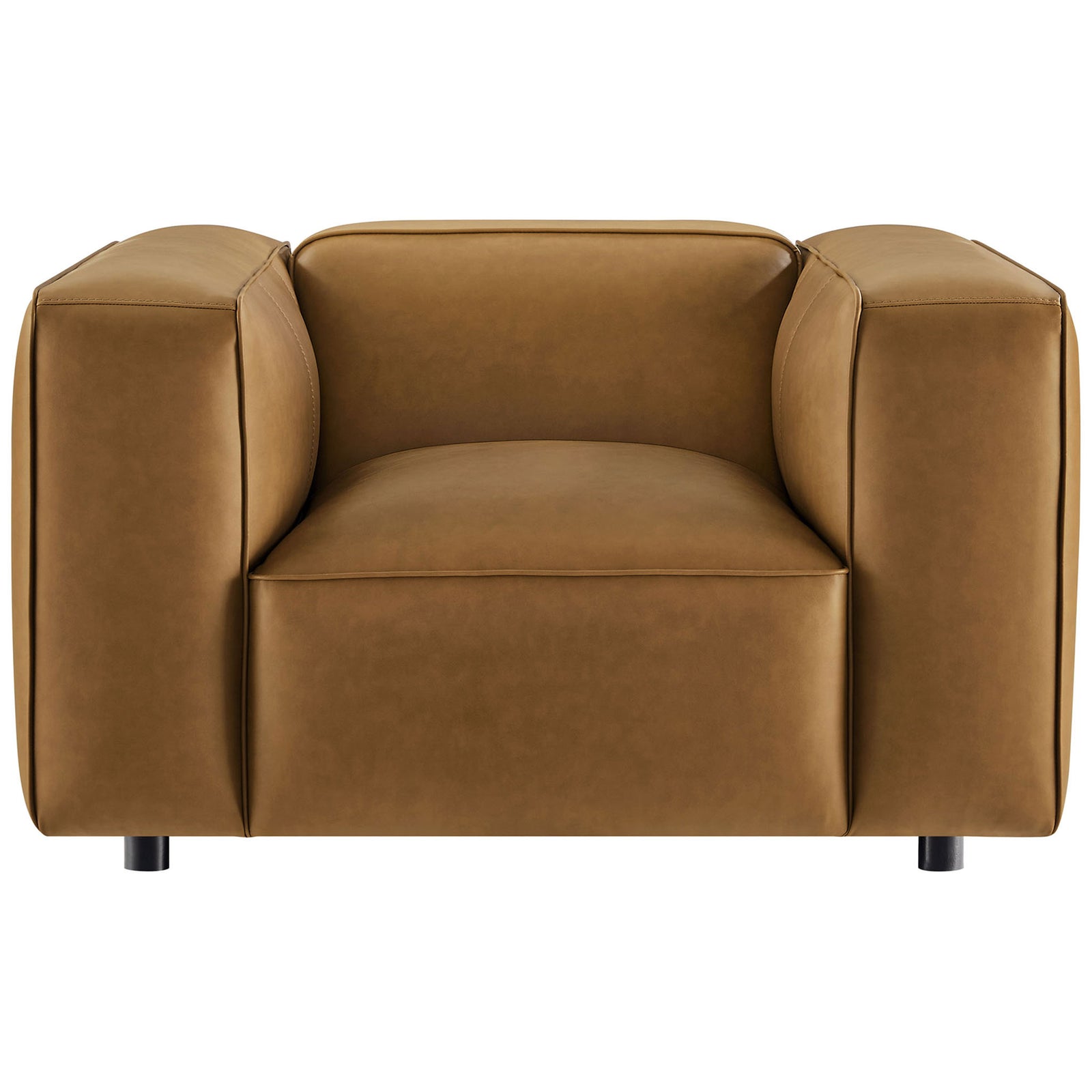 Plush camel vegan leather armchair with wide arms and deep, inviting seat || EEI-7120-CAM || front_studio