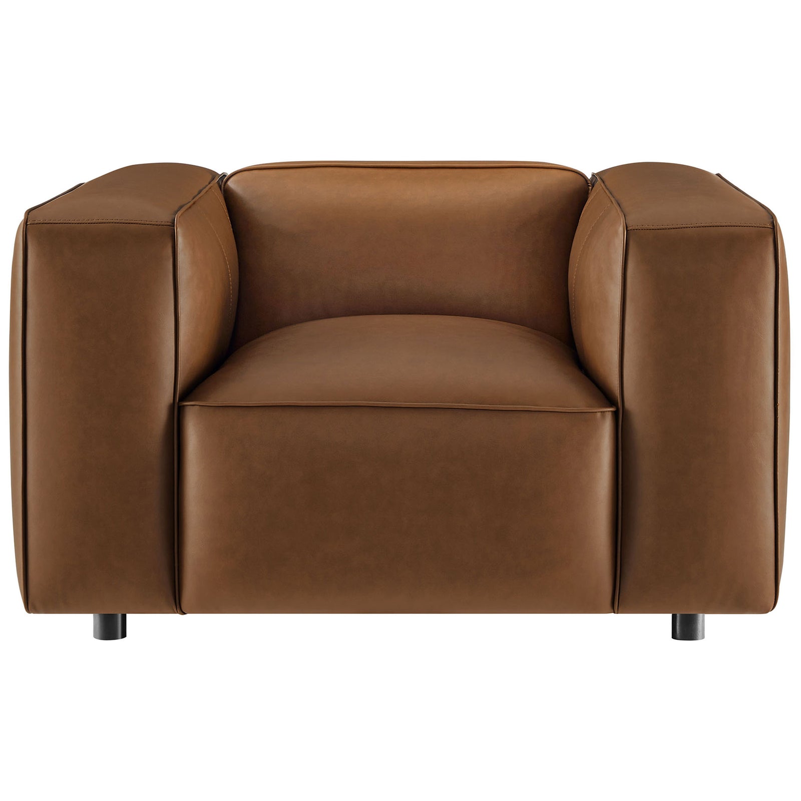 Oversized coffee vegan leather armchair with deep seat, wide track arms, and tailored stitching || EEI-7120-COF || front_studio