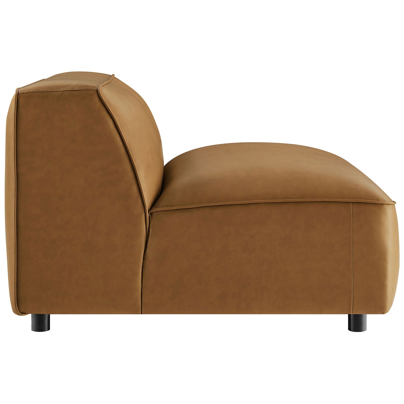 Low-profile slipper chair silhouette with softly rounded edges and compact legs in camel vegan leather || EEI-7121-CAM || side_studio