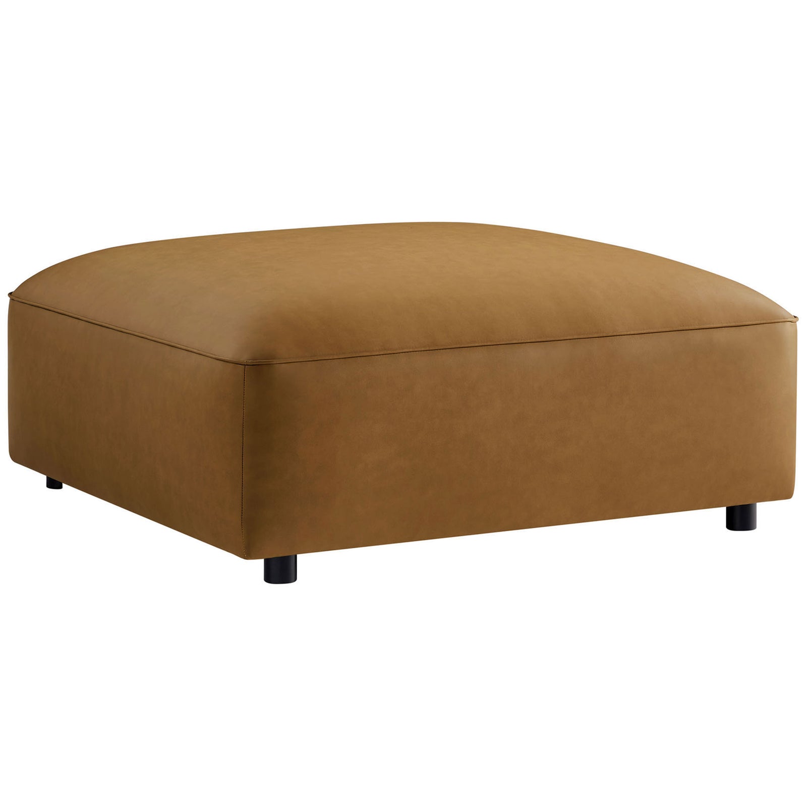 Camel vegan leather square ottoman with plush cushion and low round legs for modern living rooms || EEI-7125-CAM || front_angle_studio