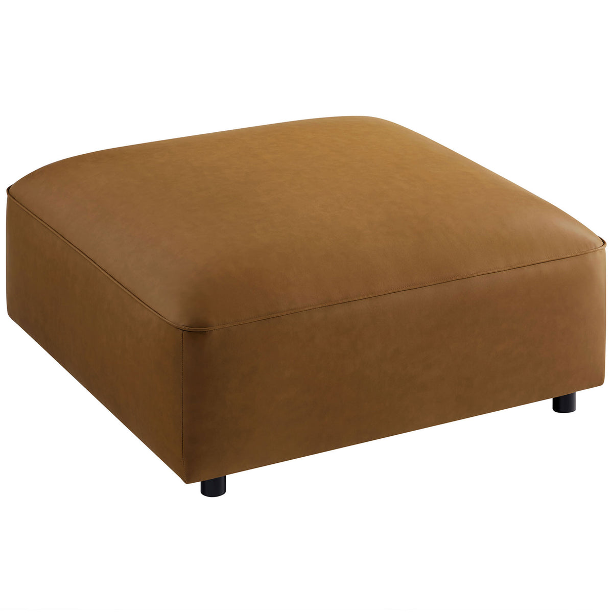Camel vegan leather ottoman with smooth square top and softly rounded edges for flexible seating || EEI-7125-CAM || top_studio