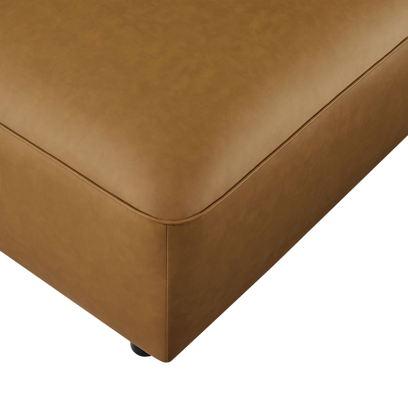 Close-up of vegan leather upholstery and fine stitched seams on the camel square ottoman || EEI-7125-CAM || detail_studio