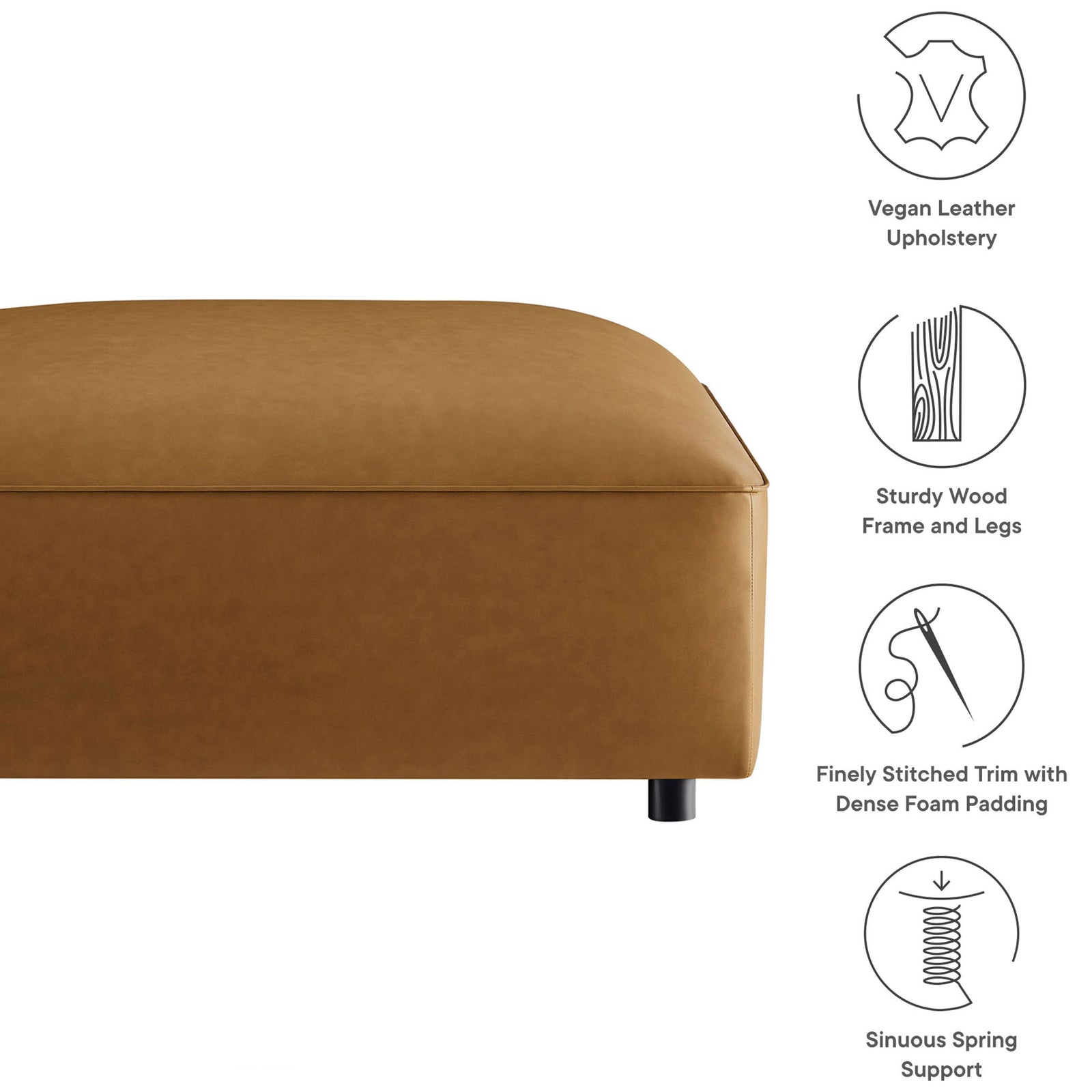 Studio view of camel vegan leather ottoman with icons highlighting upholstery, frame, stitching, and springs || EEI-7125-CAM || callout_studio