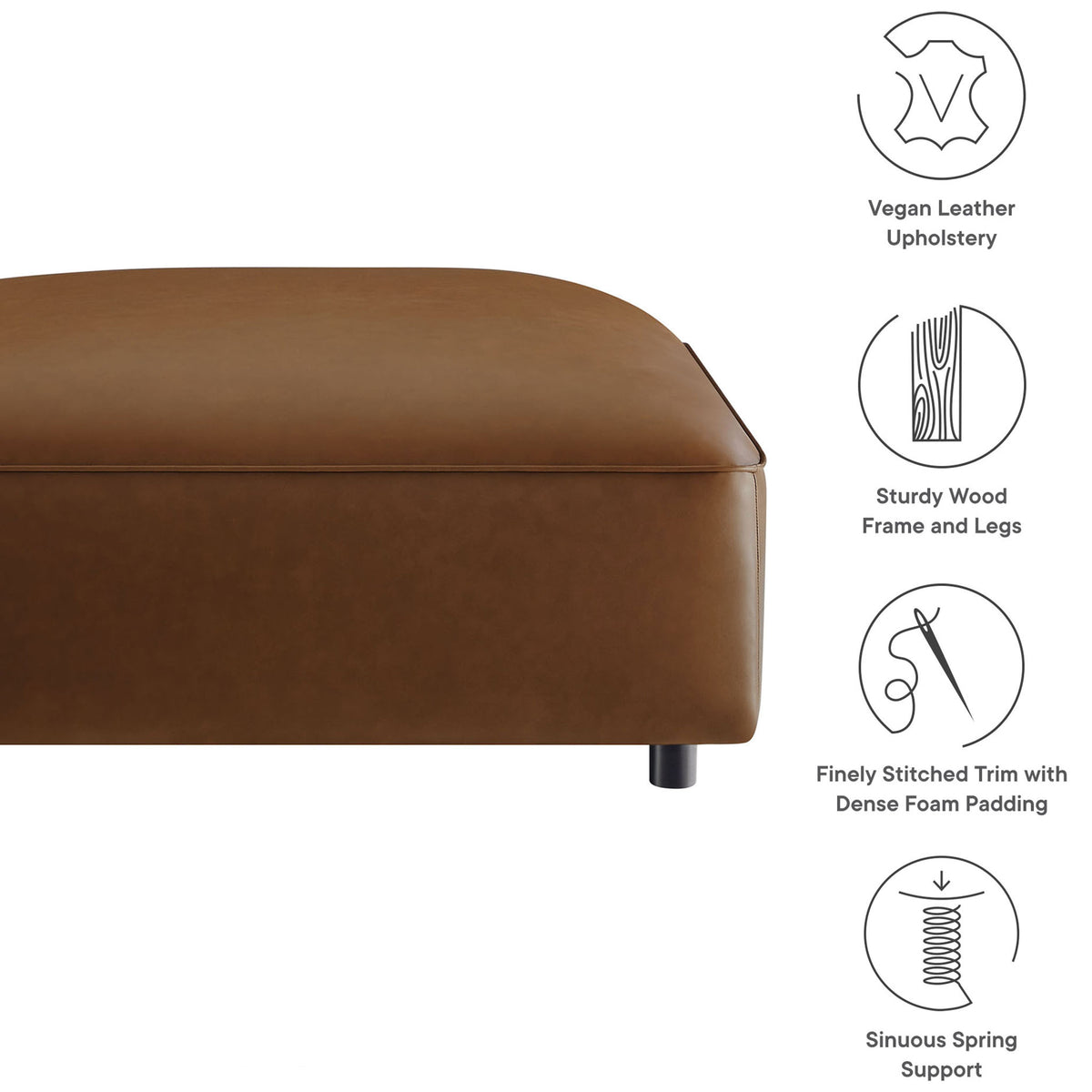 Feature graphic of coffee vegan leather ottoman with icons for wood frame, dense foam, and sinuous springs || EEI-7125-COF || callout_studio