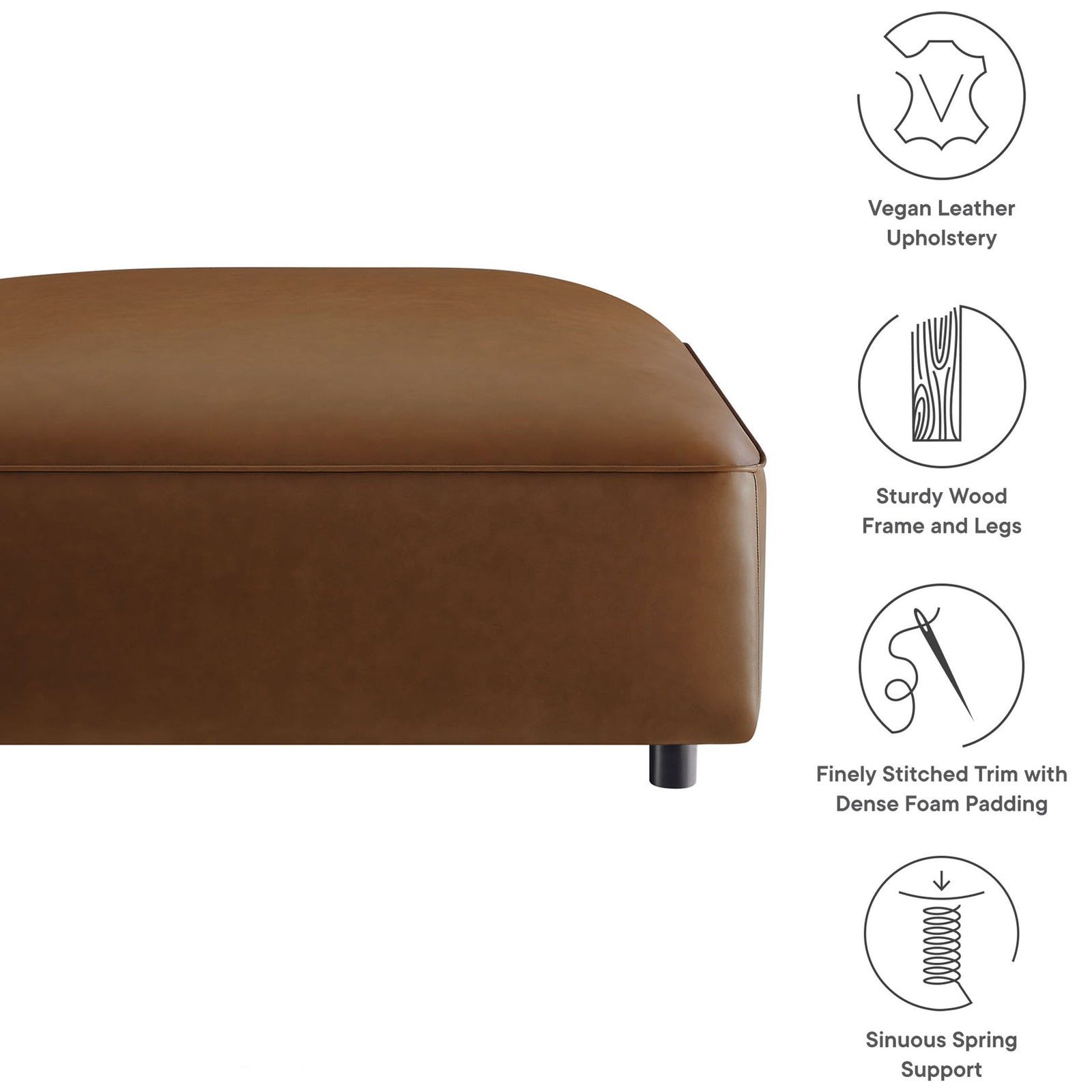 Feature graphic of coffee vegan leather ottoman with icons for wood frame, dense foam, and sinuous springs || EEI-7125-COF || callout_studio