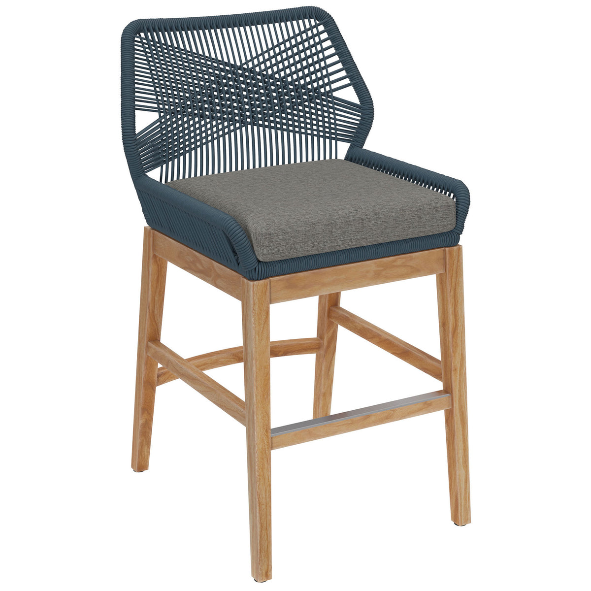 Blue graphite counter stool featuring sculpted rope arms, padded gray seat, and clean-lined teak legs. || EEI-7126-BLU-GPH || front_angle_studio