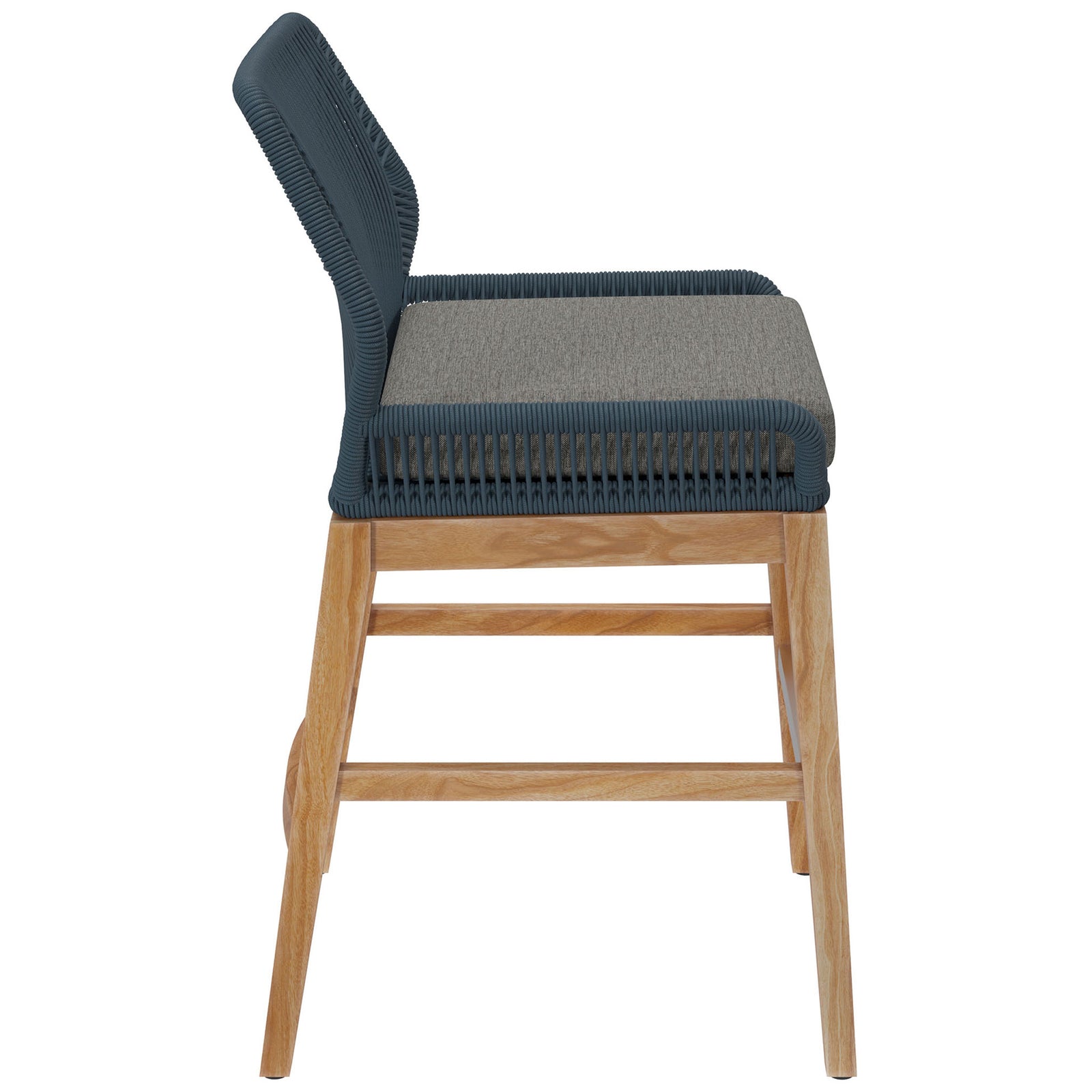 Blue graphite counter stool highlighting the gently leaning back, thick gray cushion, and metal-capped footrest. || EEI-7126-BLU-GPH || side_studio
